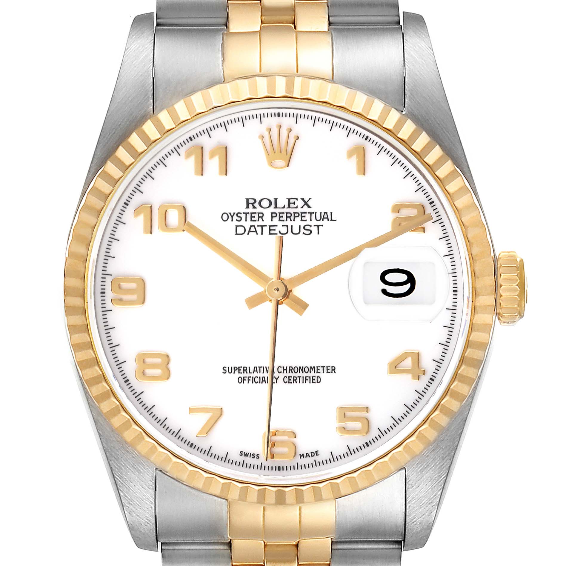 This image shows a front view of the Rolex Datejust 16233 Men's Steel and Gold (two tone) White Dial 16233 Men's Steel and Gold (two tone) White Dial watch, highlighting the dial, bezel, crown, and part of the bracelet.