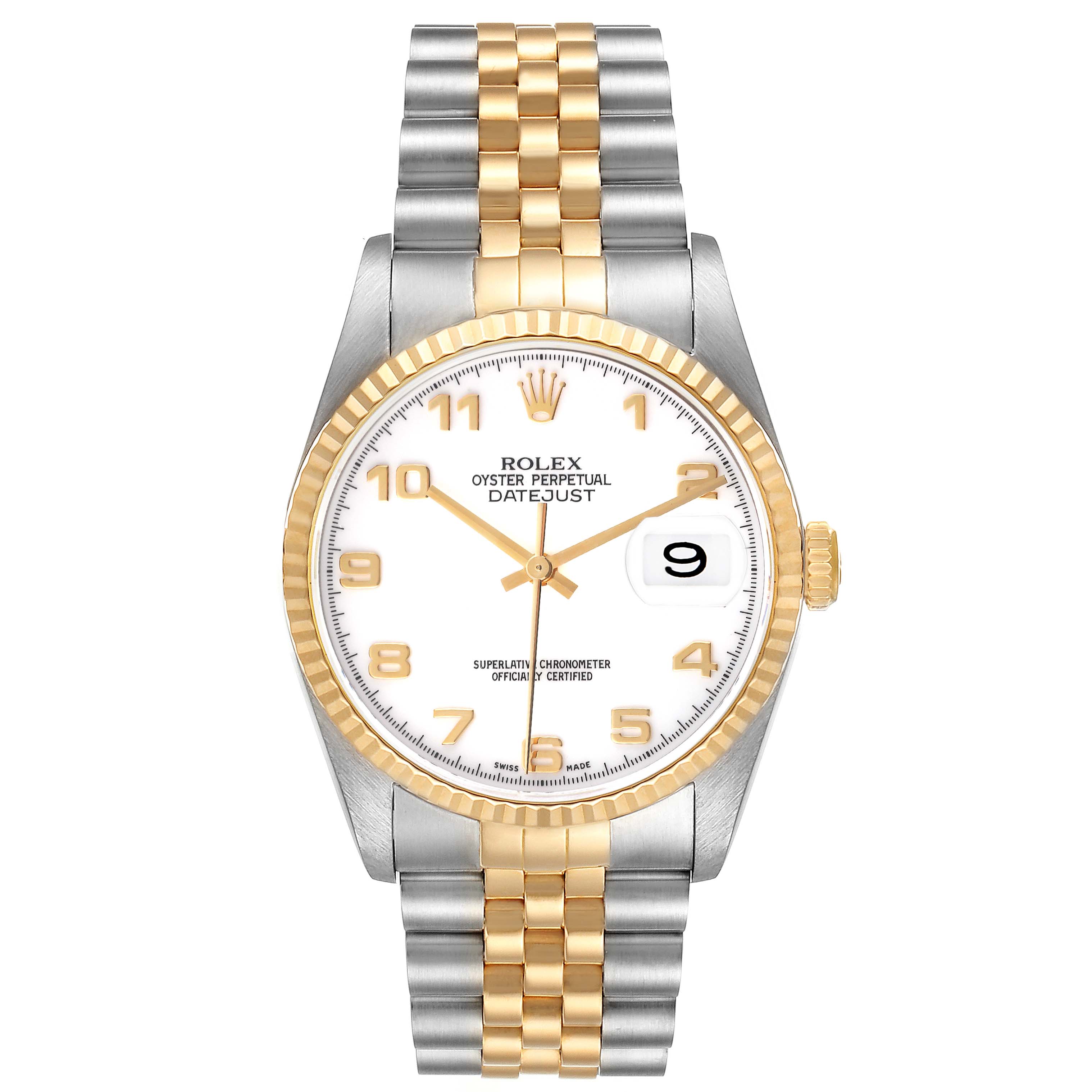This image shows a front view of the Rolex Datejust 16233 Men's Steel and Gold (two tone) White Dial 16233 Men's Steel and Gold (two tone) White Dial watch, highlighting the face, bezel, and two-tone bracelet.
