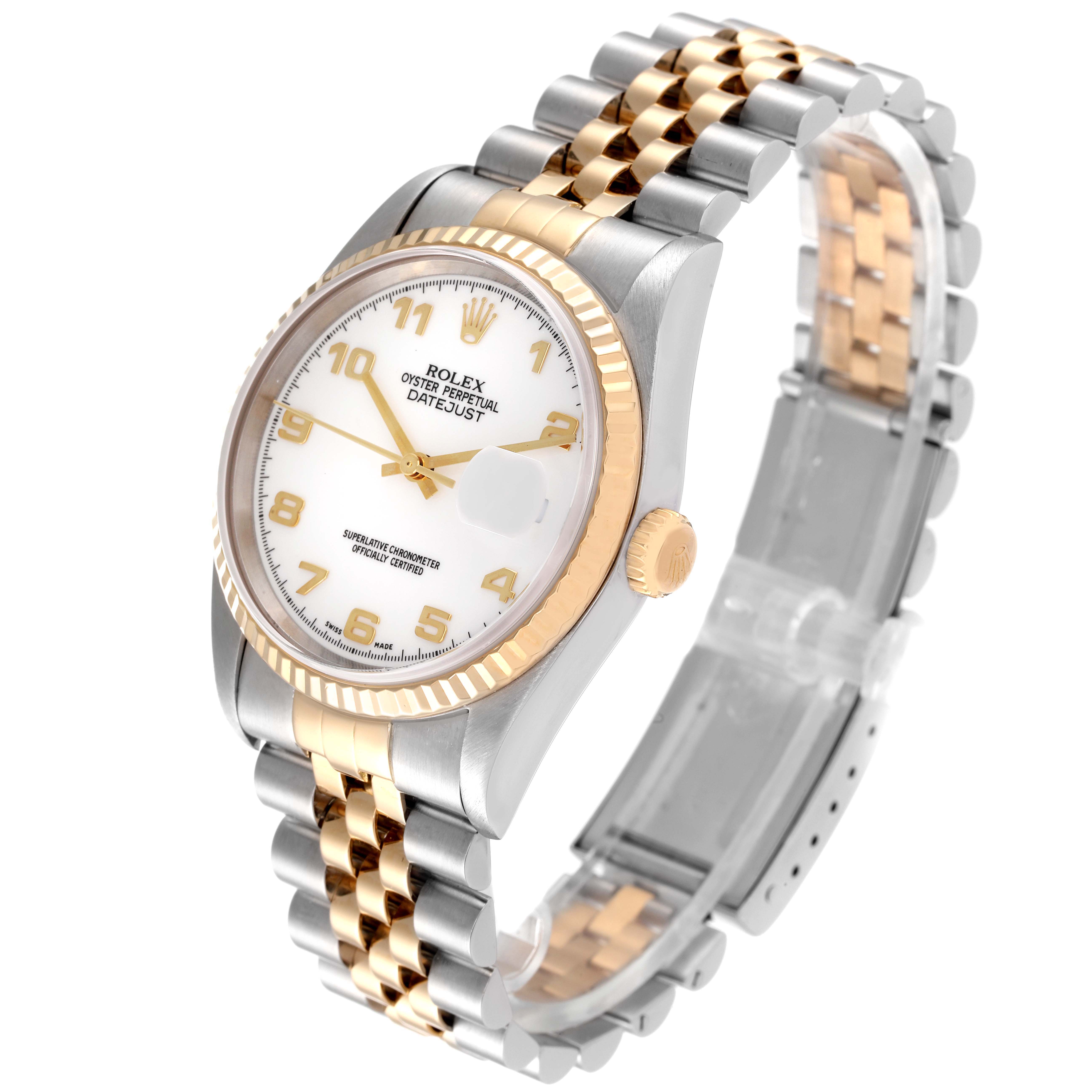This image shows a Rolex Datejust 16233 Men's Steel and Gold (two tone) White Dial 16233 Men's Steel and Gold (two tone) White Dial watch at a three-quarter angle, showcasing the dial, bracelet, bezel, and crown.