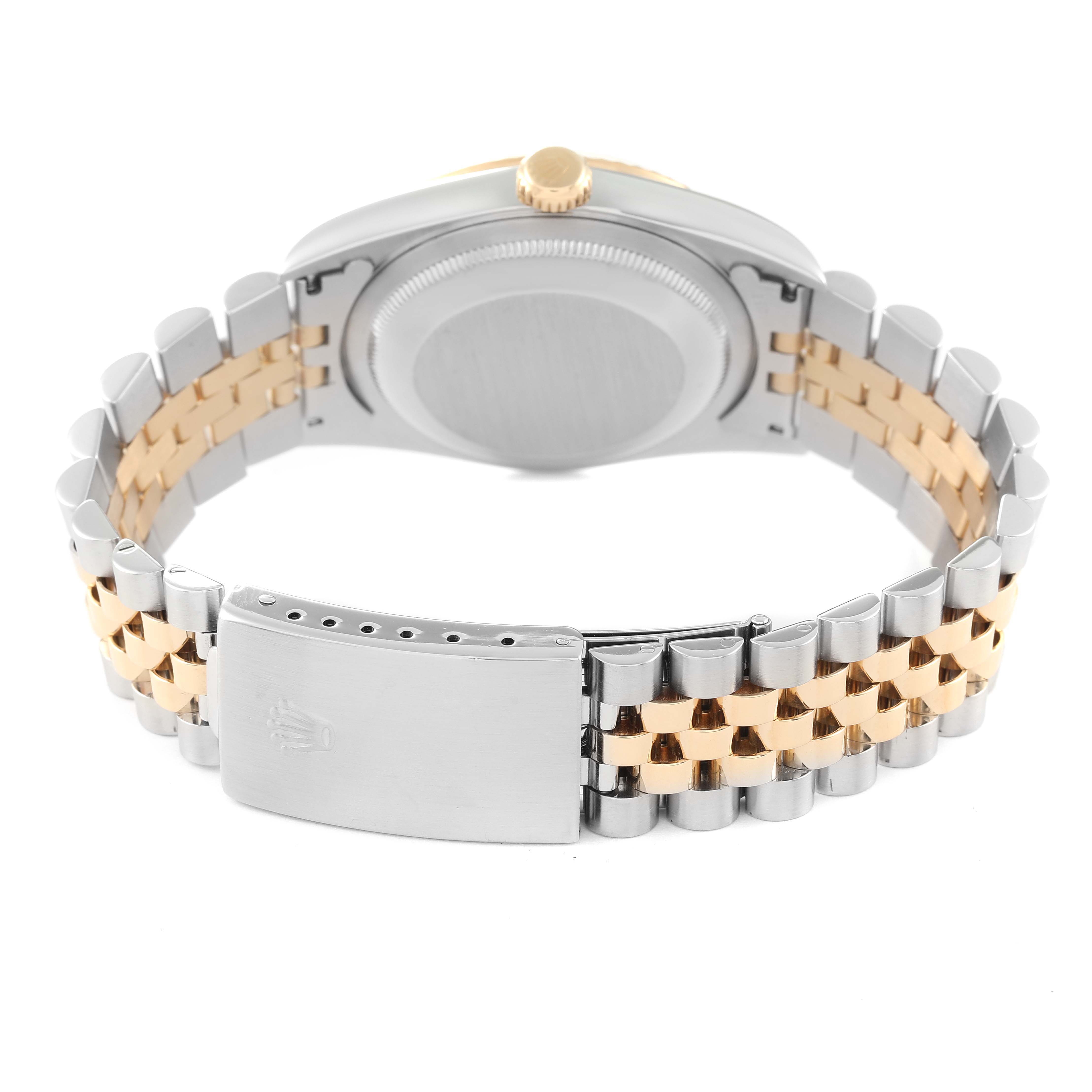 This image shows the rear view of the Rolex Datejust 16233 Men's Steel and Gold (two tone) White Dial 16233 Men's Steel and Gold (two tone) White Dial watch, highlighting the clasp, bracelet, and case back.