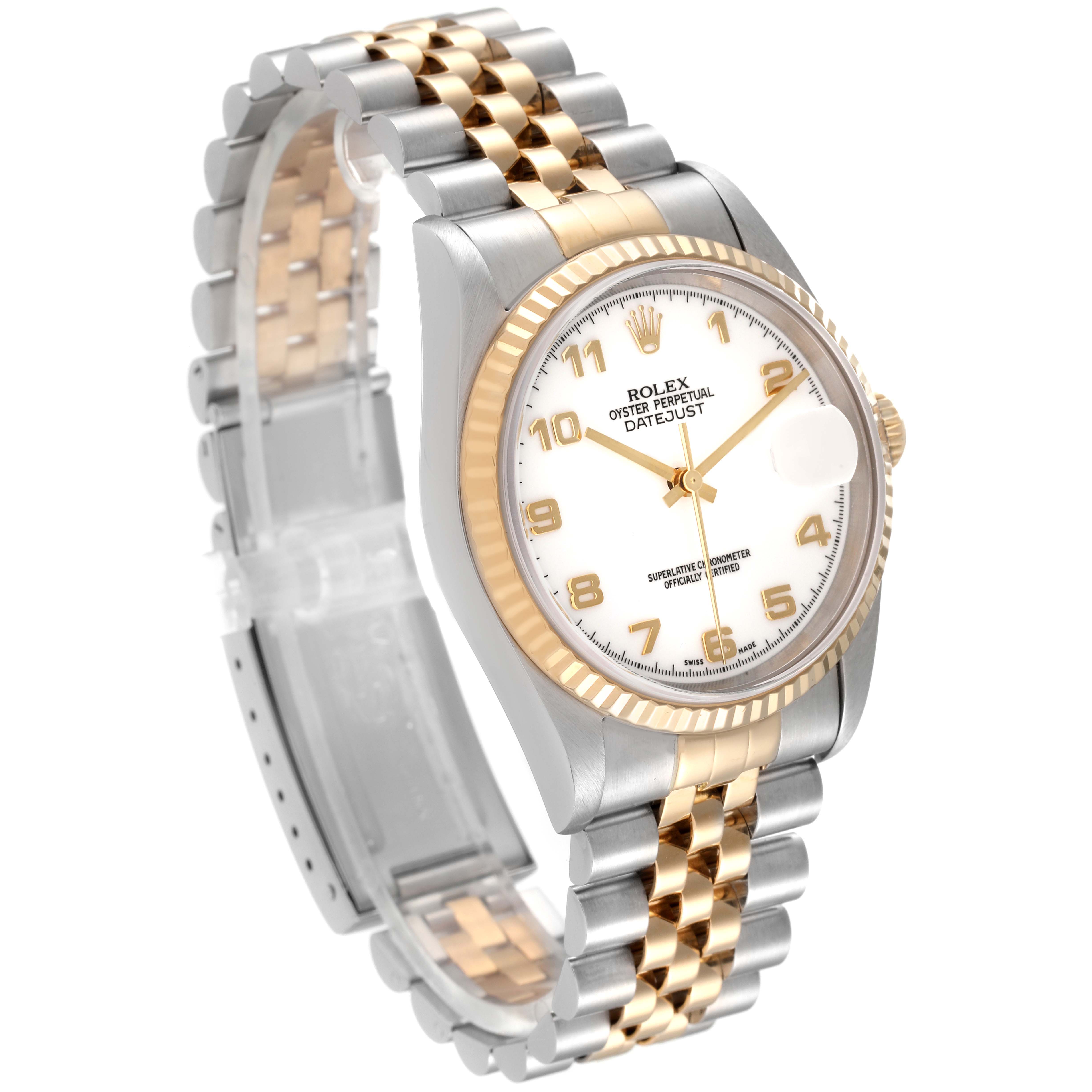 The Rolex Datejust 16233 Men's Steel and Gold (two tone) White Dial 16233 Men's Steel and Gold (two tone) White Dial watch is shown at a three-quarter angle, highlighting its two-tone bracelet, fluted bezel, and white dial.