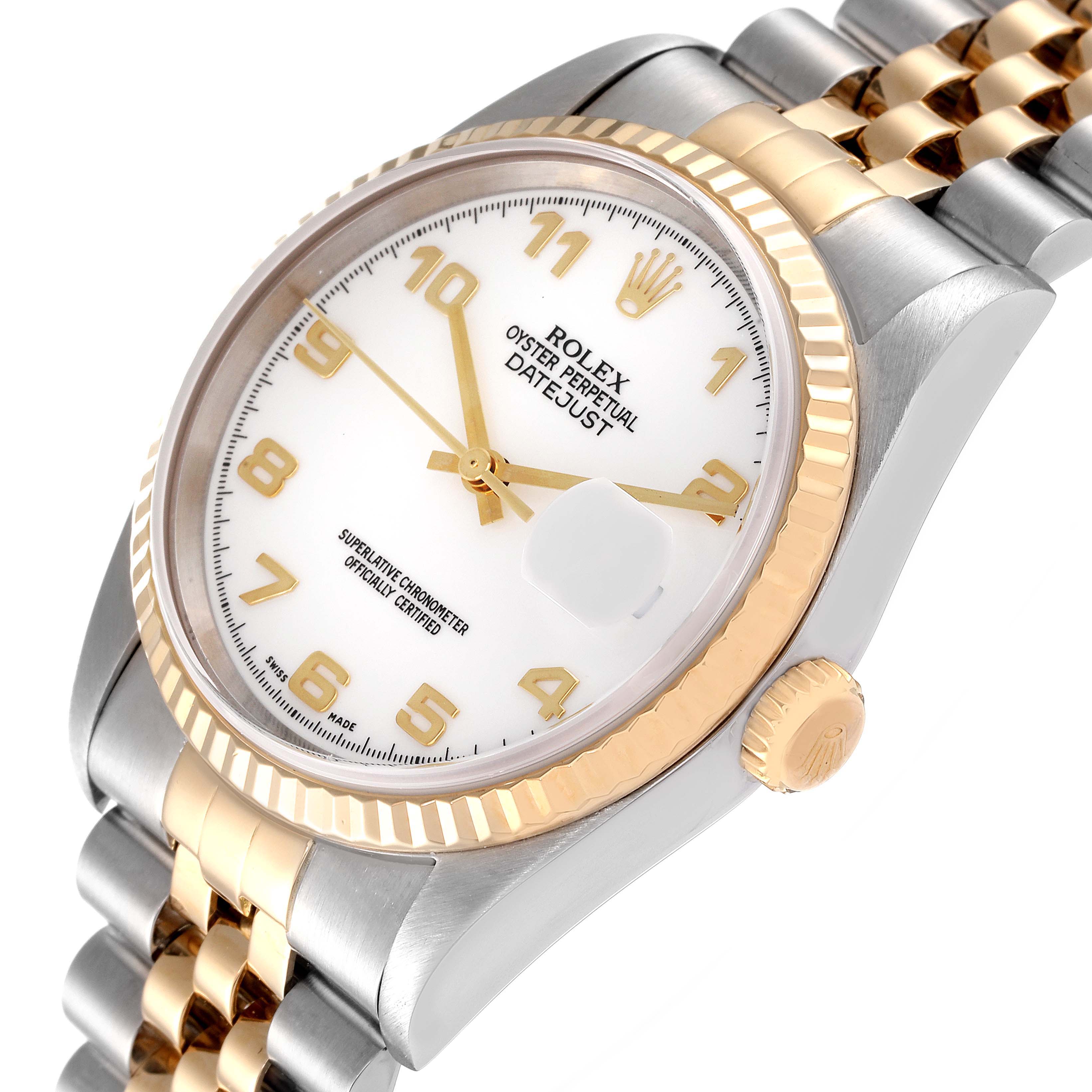 This image shows a Rolex Datejust 16233 Men's Steel and Gold (two tone) White Dial 16233 Men's Steel and Gold (two tone) White Dial model watch from a 3/4 angle, highlighting the dial, bezel, crown, and part of the bracelet.