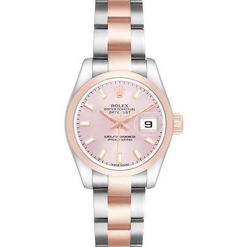 The Rolex Datejust 179161 Women's Steel and Gold (two tone) Pink Dial watch is shown from a front angle, highlighting the face, bezel, and two-tone bracelet.