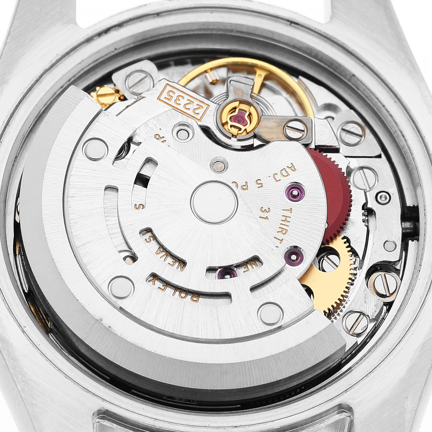 The image shows the movement of a Rolex Datejust 179161 Women's Steel and Gold (two tone) Pink Dial watch from a rear angle, highlighting the intricate mechanics and gears.