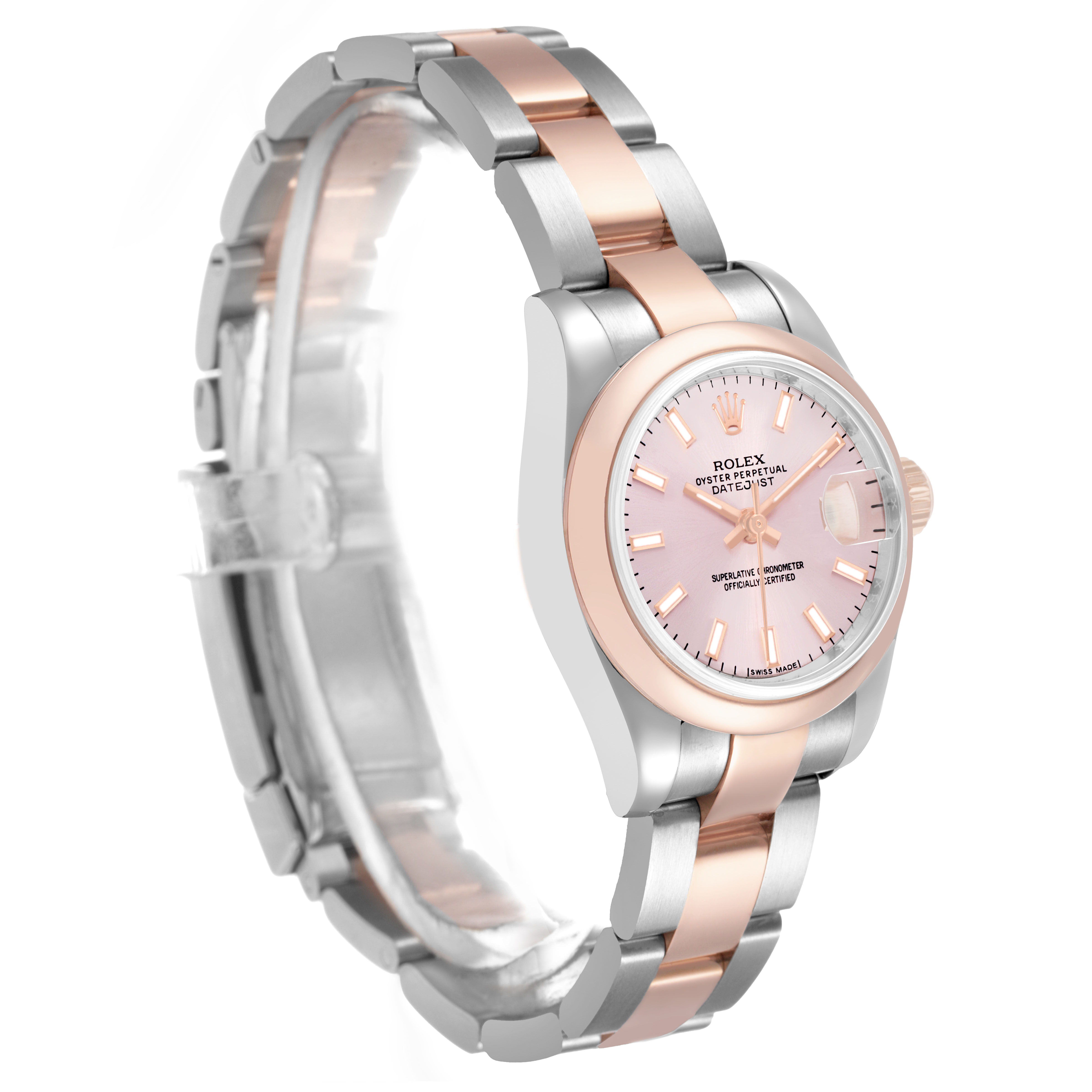The Rolex Datejust 179161 Women's Steel and Gold (two tone) Pink Dial watch is shown at a three-quarter angle, featuring the dial, bezel, and bracelet.