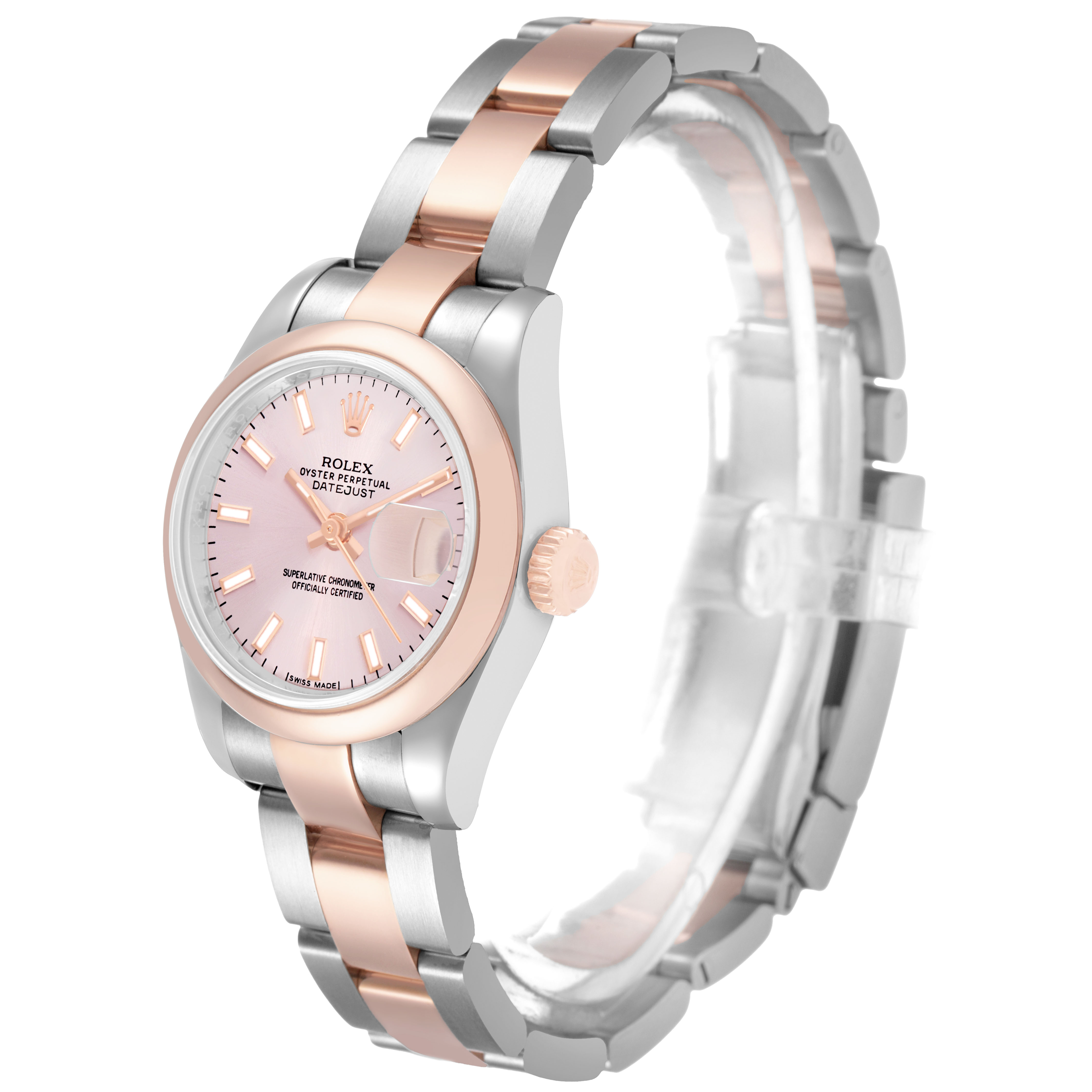 The Rolex Datejust 179161 Women's Steel and Gold (two tone) Pink Dial watch is shown at a three-quarter angle, displaying the face, bracelet, bezel, and crown.