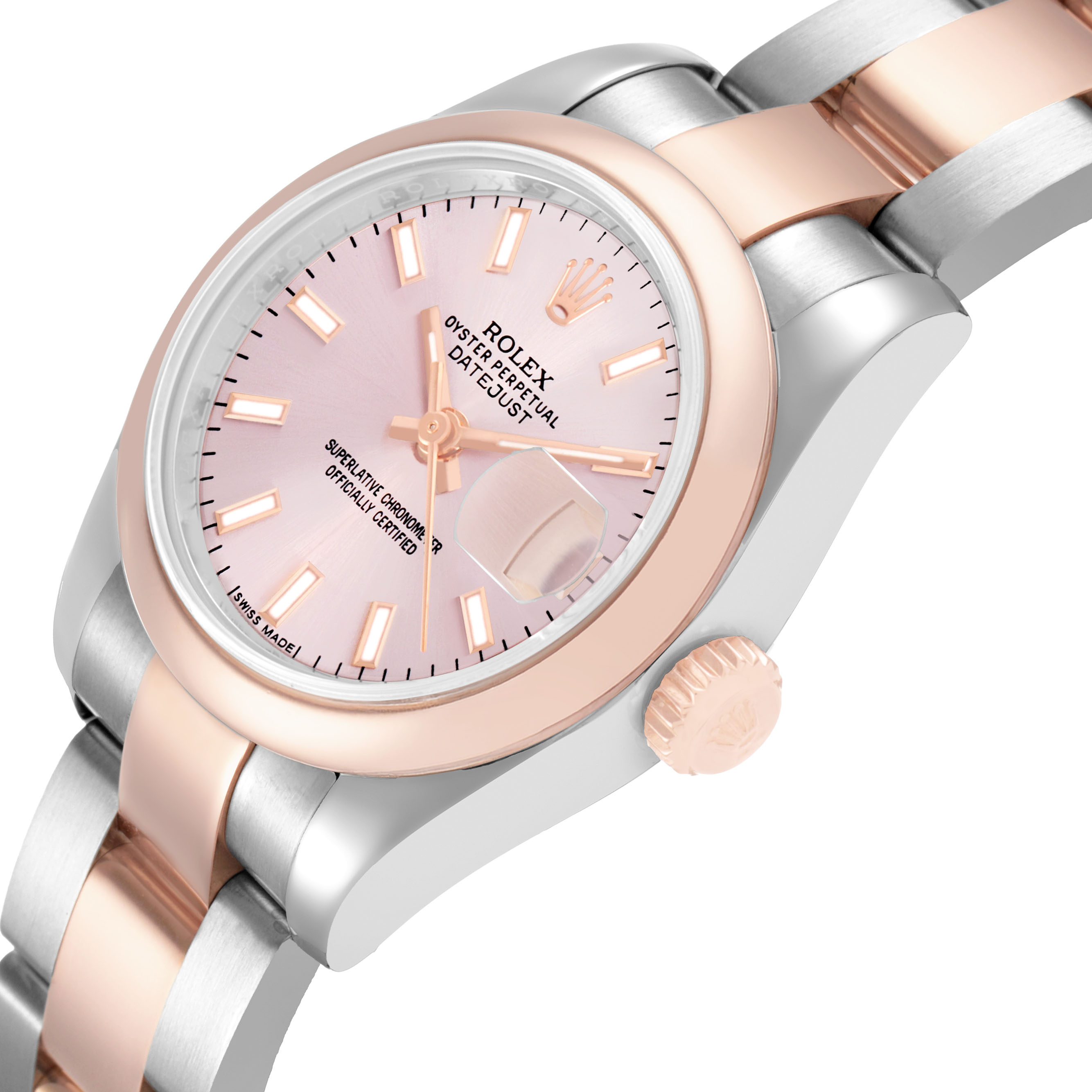 The Rolex Datejust 179161 Women's Steel and Gold (two tone) Pink Dial watch is shown at a slight diagonal angle, highlighting the dial, bezel, and crown.