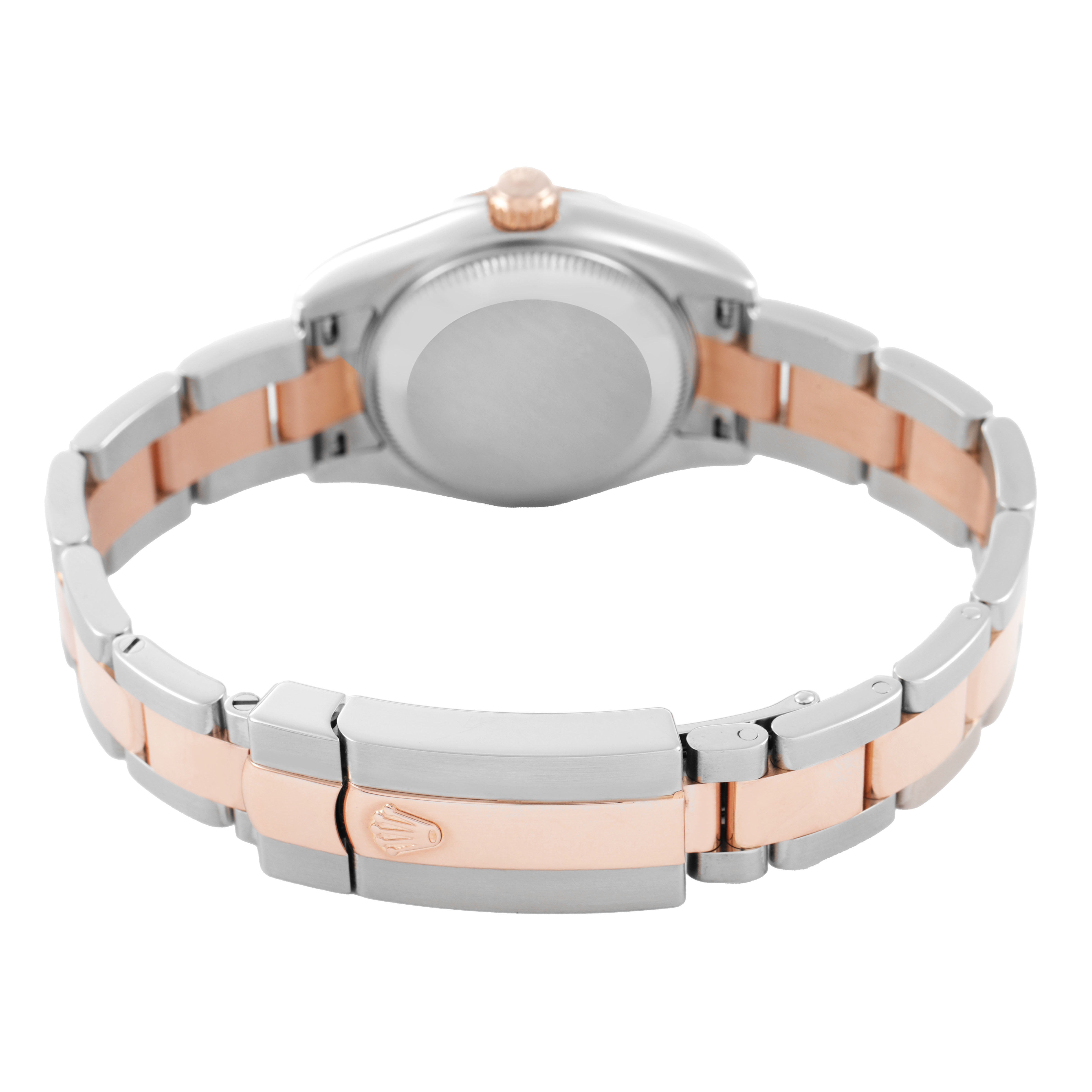 The image shows the rear angle of the Rolex Datejust 179161 Women's Steel and Gold (two tone) Pink Dial, focusing on the bracelet and clasp.
