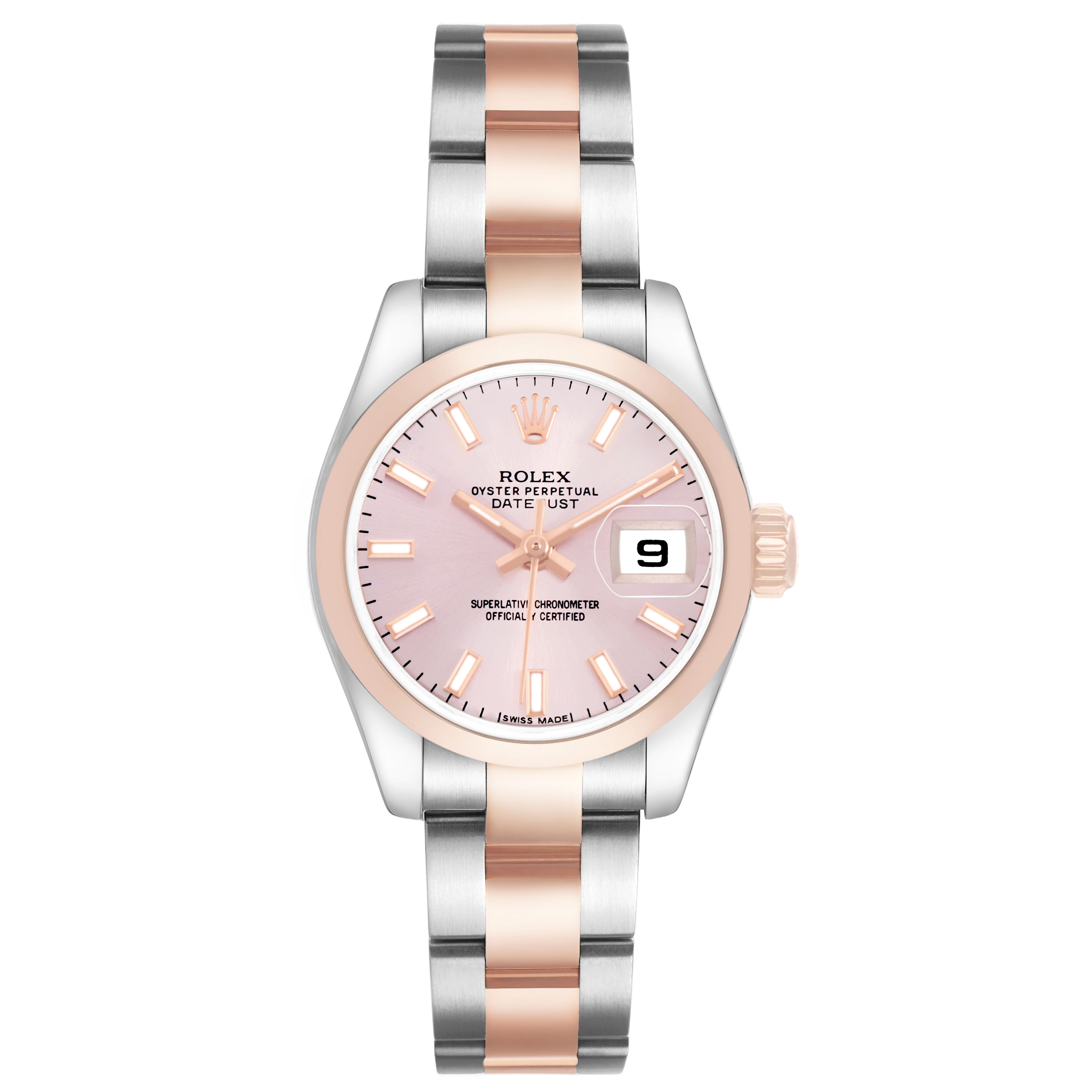 The Rolex Datejust 179161 Women's Steel and Gold (two tone) Pink Dial watch is shown from a front angle, highlighting the dial, bezel, and bracelet.