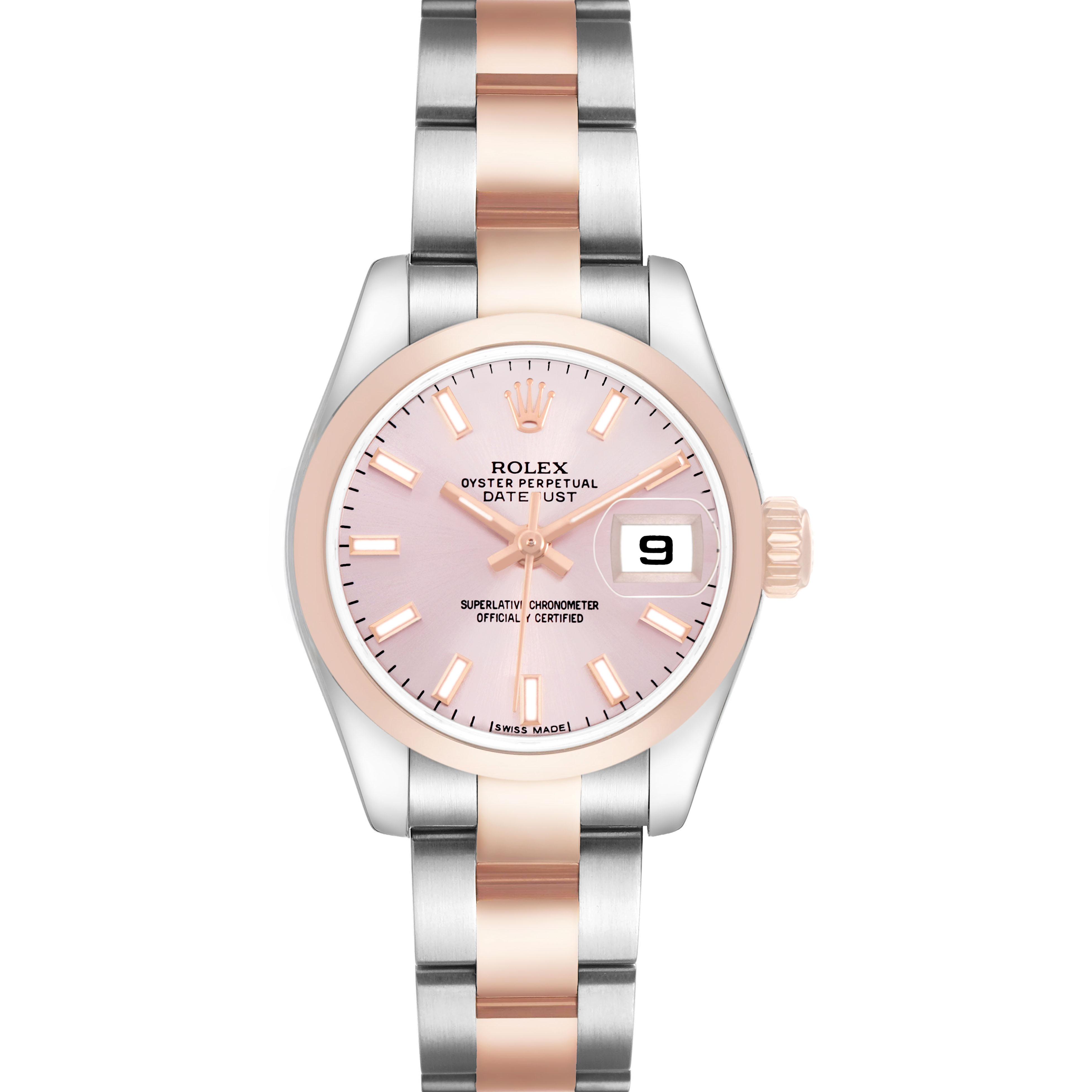 The Rolex Datejust 179161 Women's Steel and Gold (two tone) Pink Dial watch is shown from a top-down angle, highlighting the face, hands, date window, and bracelet.