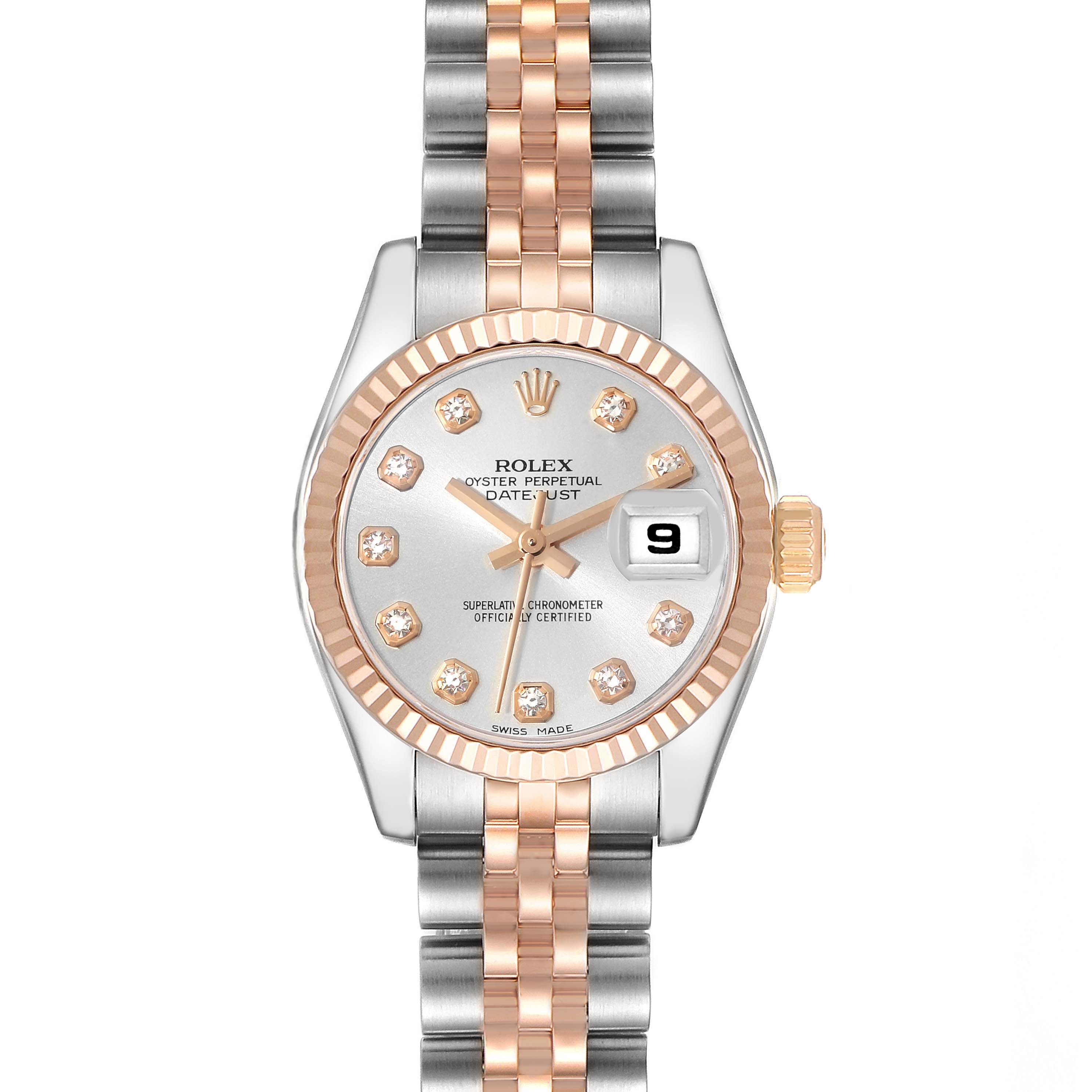 This image shows a Rolex Datejust 179171 Women's Steel and Gold (two tone) Silver Dial 179171 Women's Steel and Gold (two tone) Silver Dial watch from a front view, featuring its dial, bezel, hands, and part of the two-tone bracelet.
