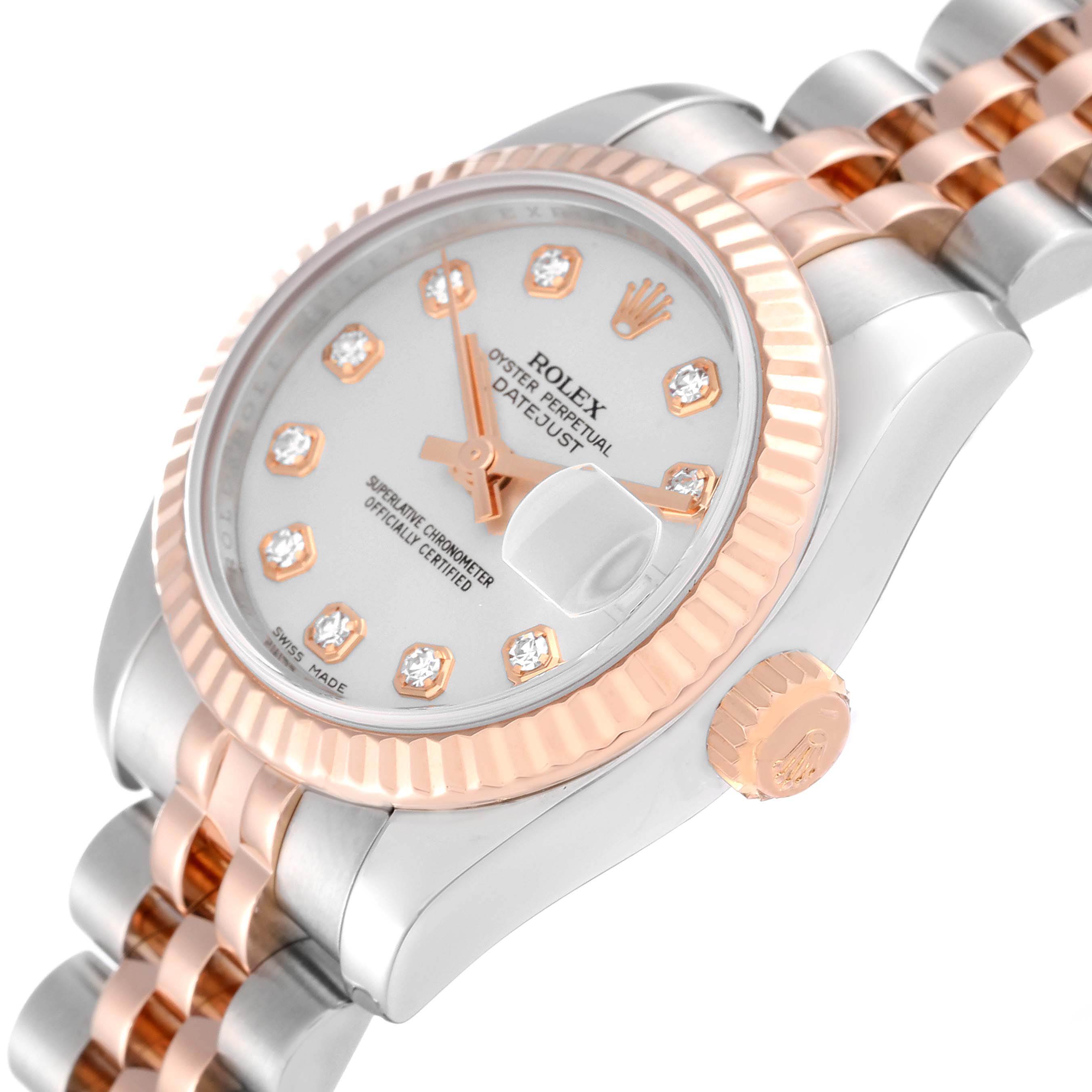 The Rolex Datejust 179171 Women's Steel and Gold (two tone) Silver Dial 179171 Women's Steel and Gold (two tone) Silver Dial watch is shown at an angle highlighting its dial, bezel, crown, and part of the bracelet.