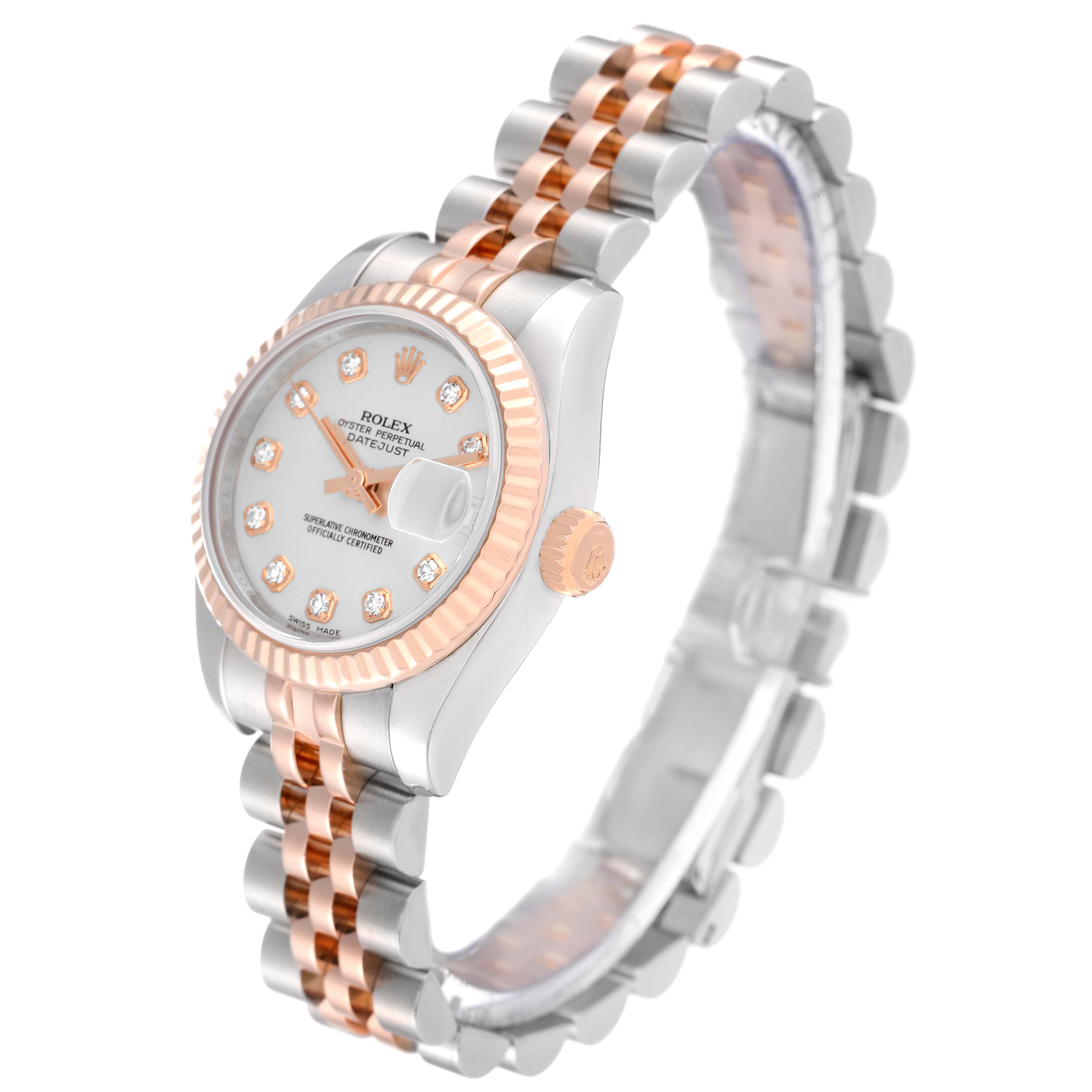 The Rolex Datejust 179171 Women's Steel and Gold (two tone) Silver Dial 179171 Women's Steel and Gold (two tone) Silver Dial watch is shown at an angled side view, highlighting its dial, bezel, crown, and two-tone bracelet.