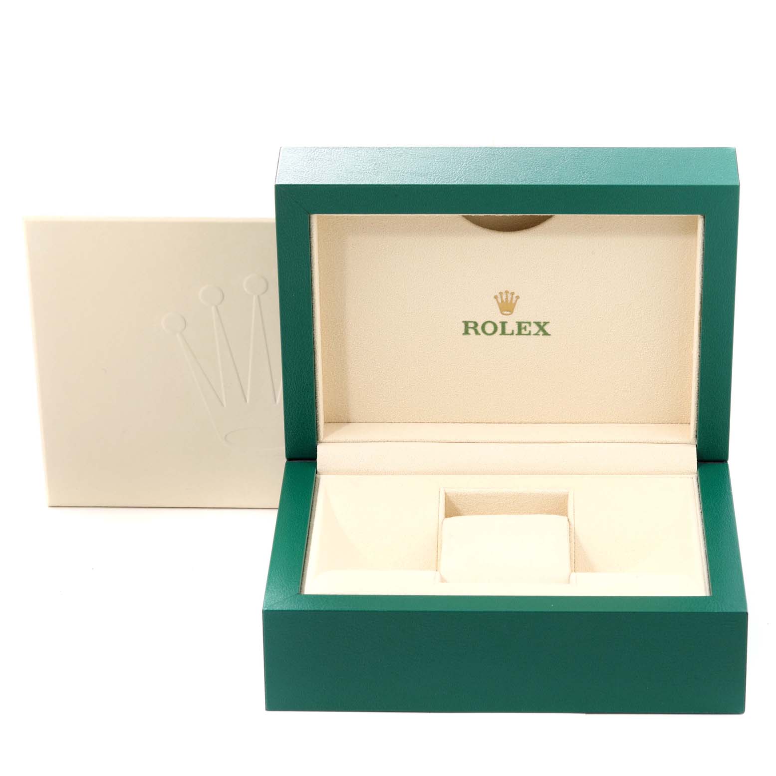 The image shows an open green Rolex watch box for the Datejust model, revealing the interior compartment and cushion.