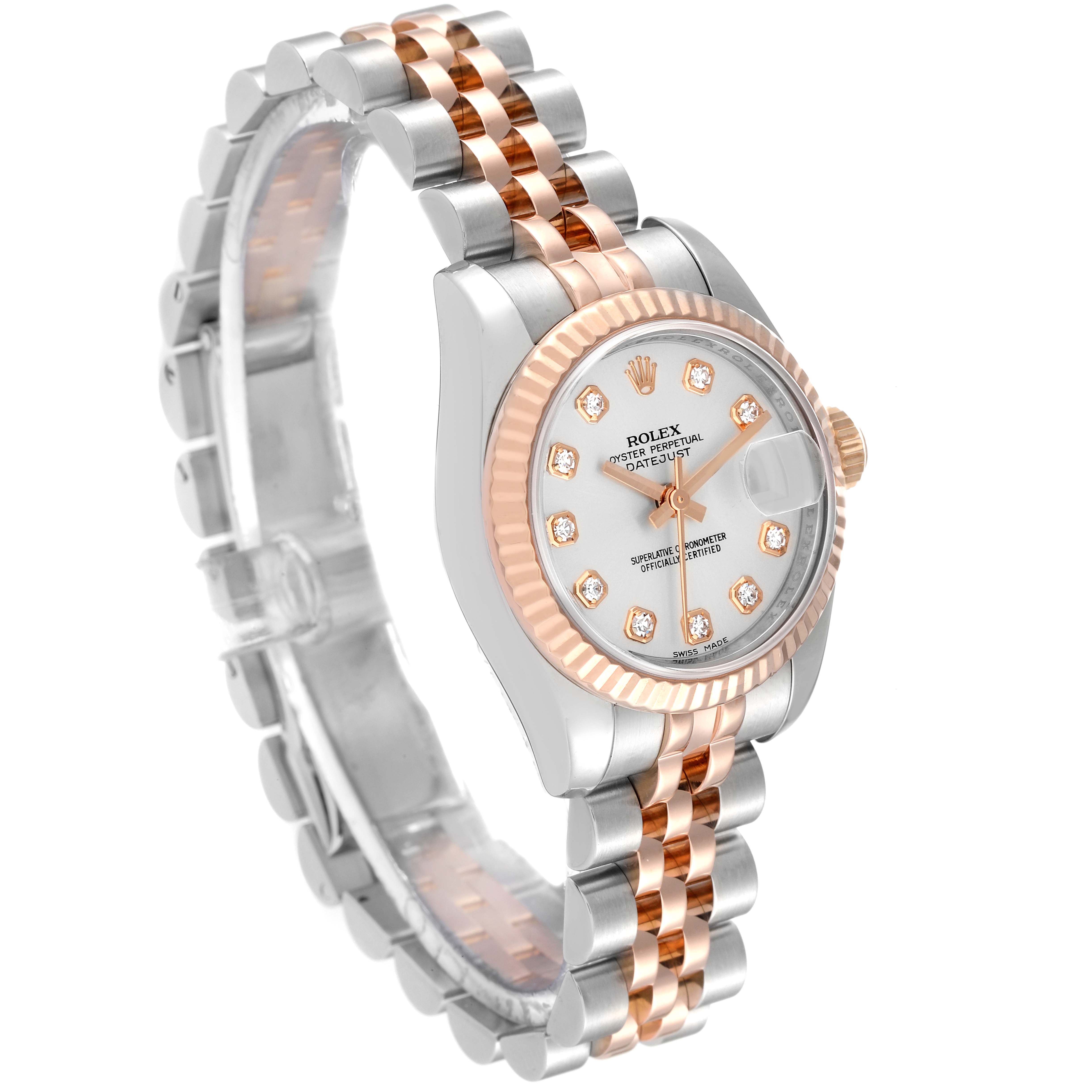 This image shows a side angle of a Rolex Datejust 179171 Women's Steel and Gold (two tone) Silver Dial 179171 Women's Steel and Gold (two tone) Silver Dial watch featuring its dial, bezel, case, and bracelet.