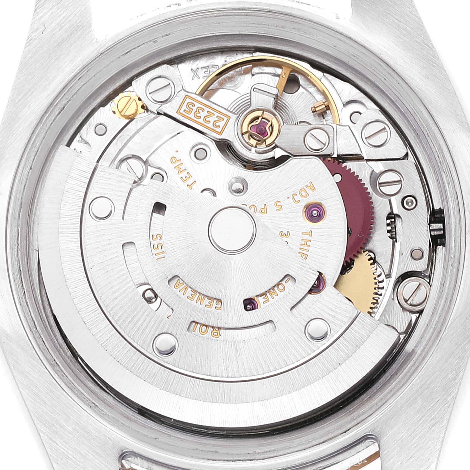 This image shows a close-up of the movement mechanism of the Rolex Datejust 179171 Women's Steel and Gold (two tone) Silver Dial 179171 Women's Steel and Gold (two tone) Silver Dial watch.