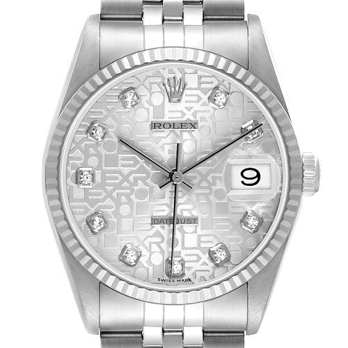 The Rolex Datejust 16234 Men's Stainless Steel Silver Dial watch is shown from a front angle, highlighting its dial, bezel, and bracelet.