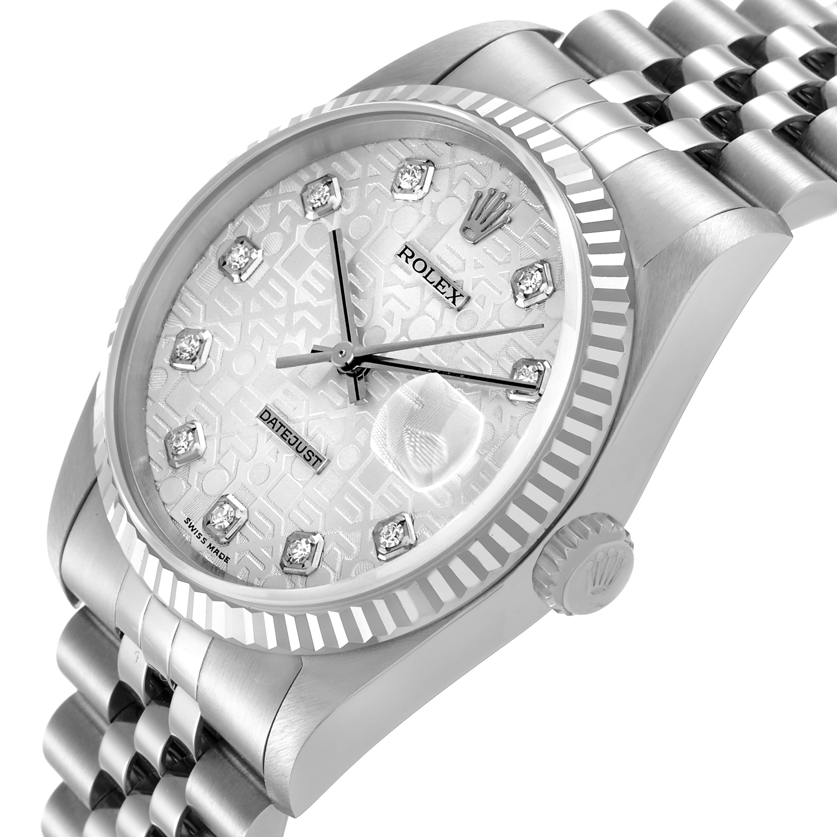 The Rolex Datejust 16234 Men's Stainless Steel Silver Dial watch is shown at an angled side view, highlighting the face, bezel, and bracelet.