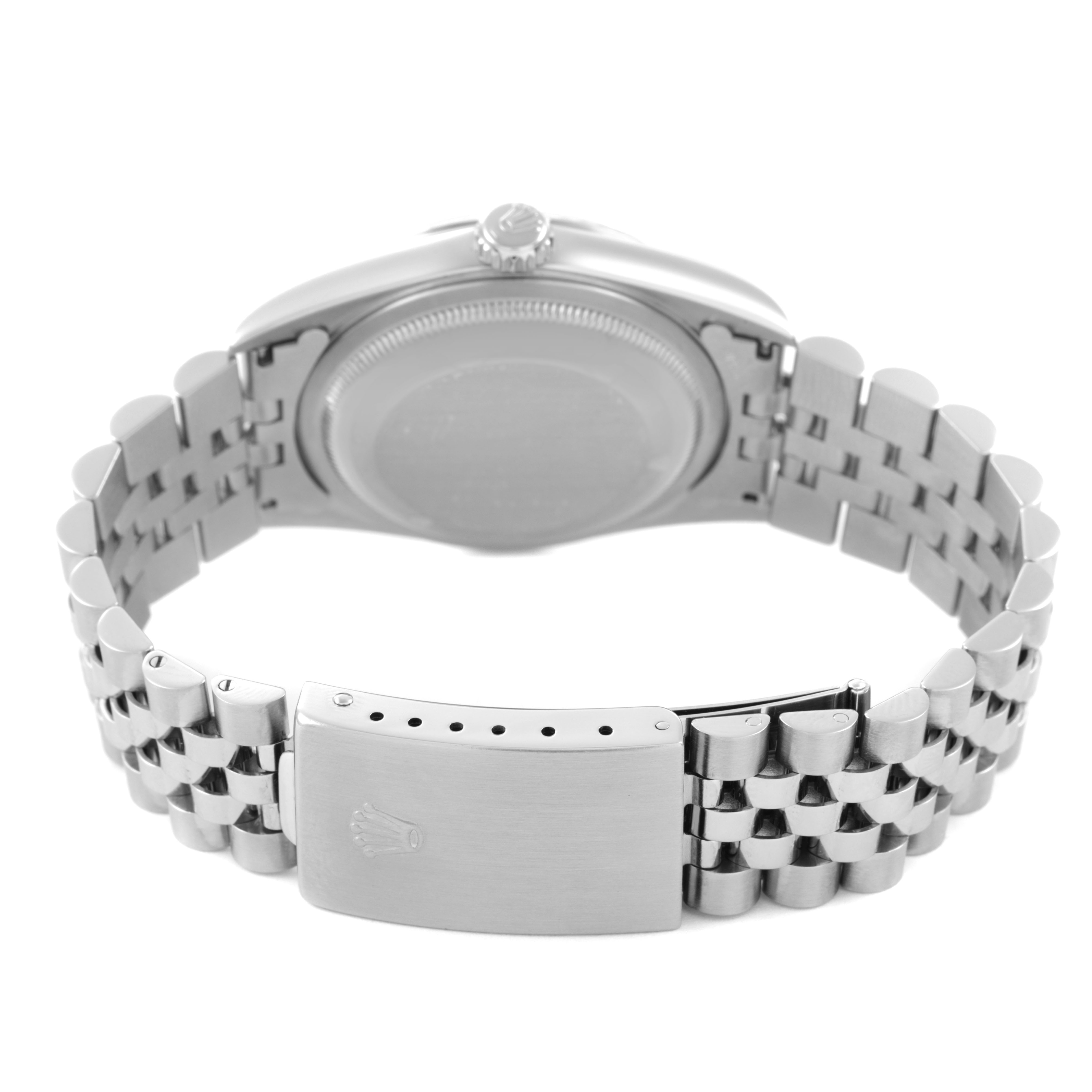 The image shows the back and bracelet of a Rolex Datejust 16234 Men's Stainless Steel Silver Dial, highlighting the case back, crown, and clasp.