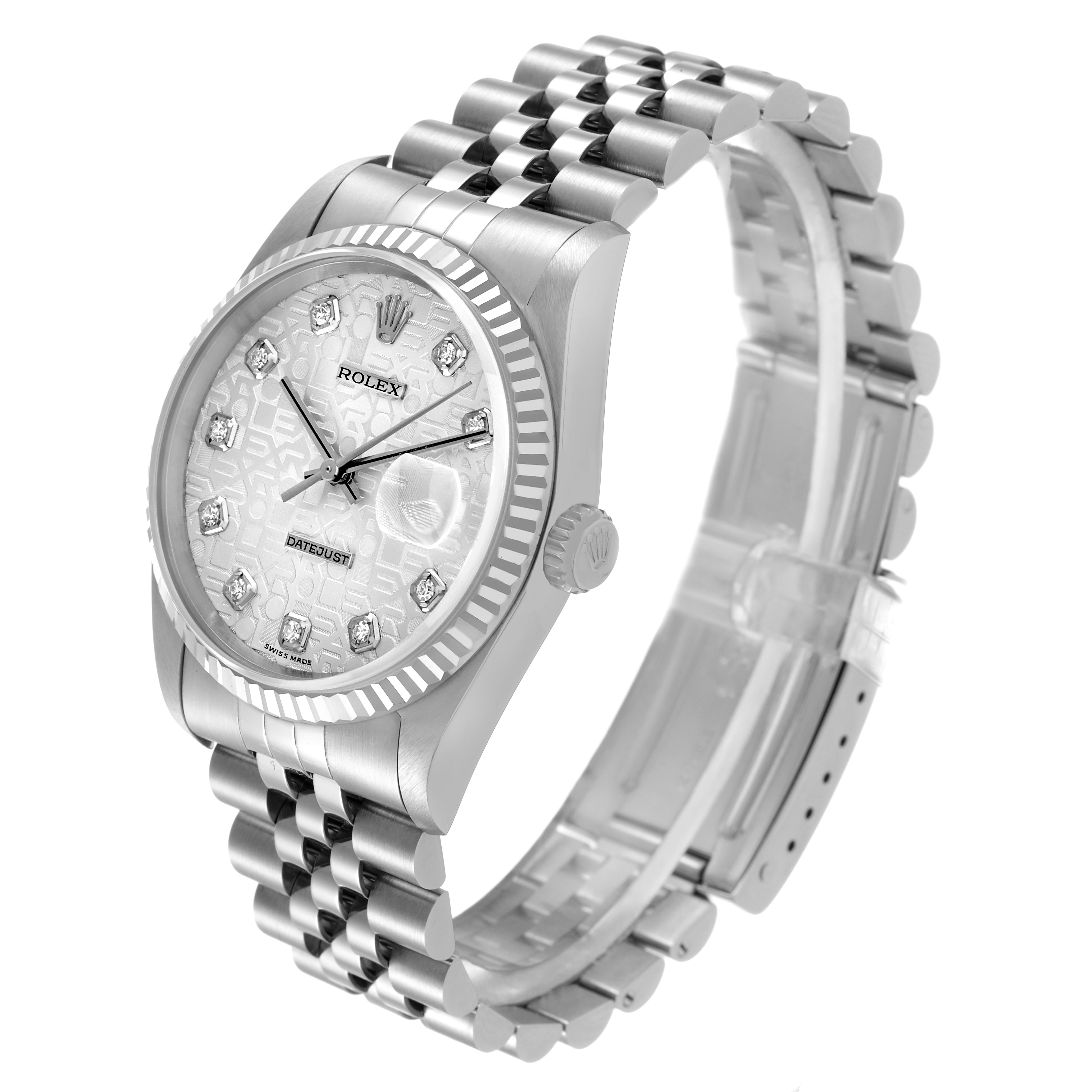 The Rolex Datejust 16234 Men's Stainless Steel Silver Dial is shown at a three-quarter angle, highlighting the dial, case, crown, and Jubilee bracelet.