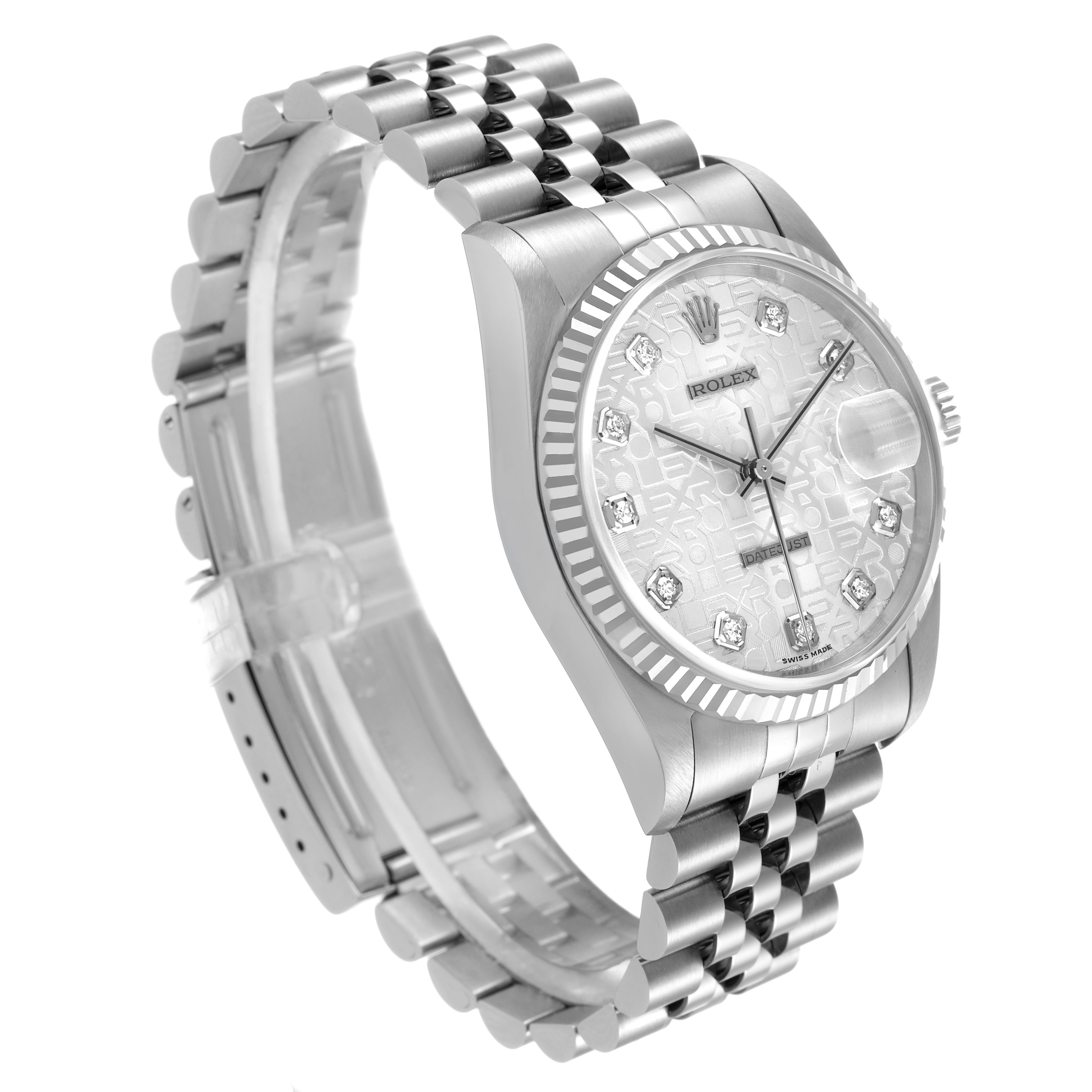The Rolex Datejust 16234 Men's Stainless Steel Silver Dial watch is shown at an angle highlighting the dial, bezel, bracelet, and side profile.