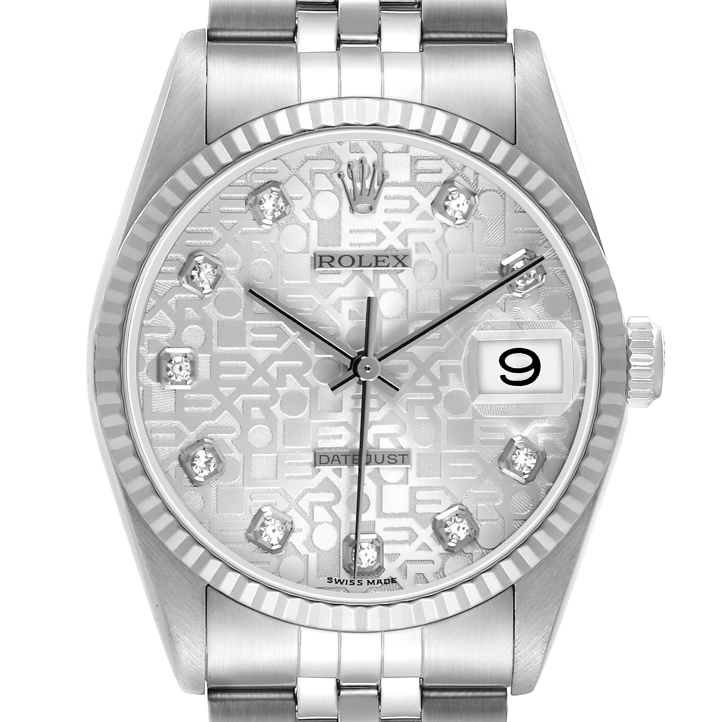 The Rolex Datejust 16234 Men's Stainless Steel Silver Dial watch is shown from a front angle, displaying the dial, hour markers, crown, and part of the bracelet.