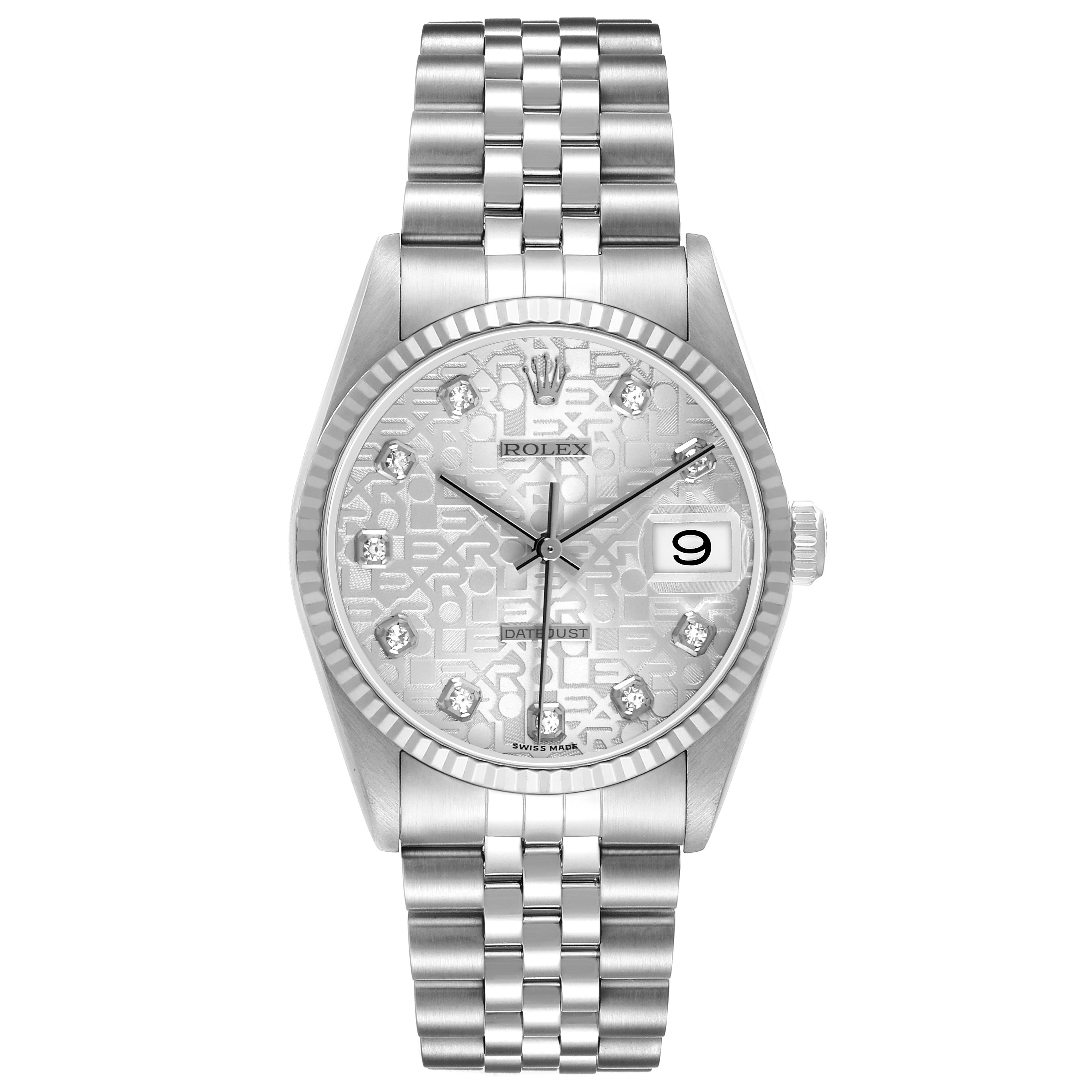 The Rolex Datejust 16234 Men's Stainless Steel Silver Dial watch is shown from a top-down angle, highlighting its dial, bezel, and bracelet.