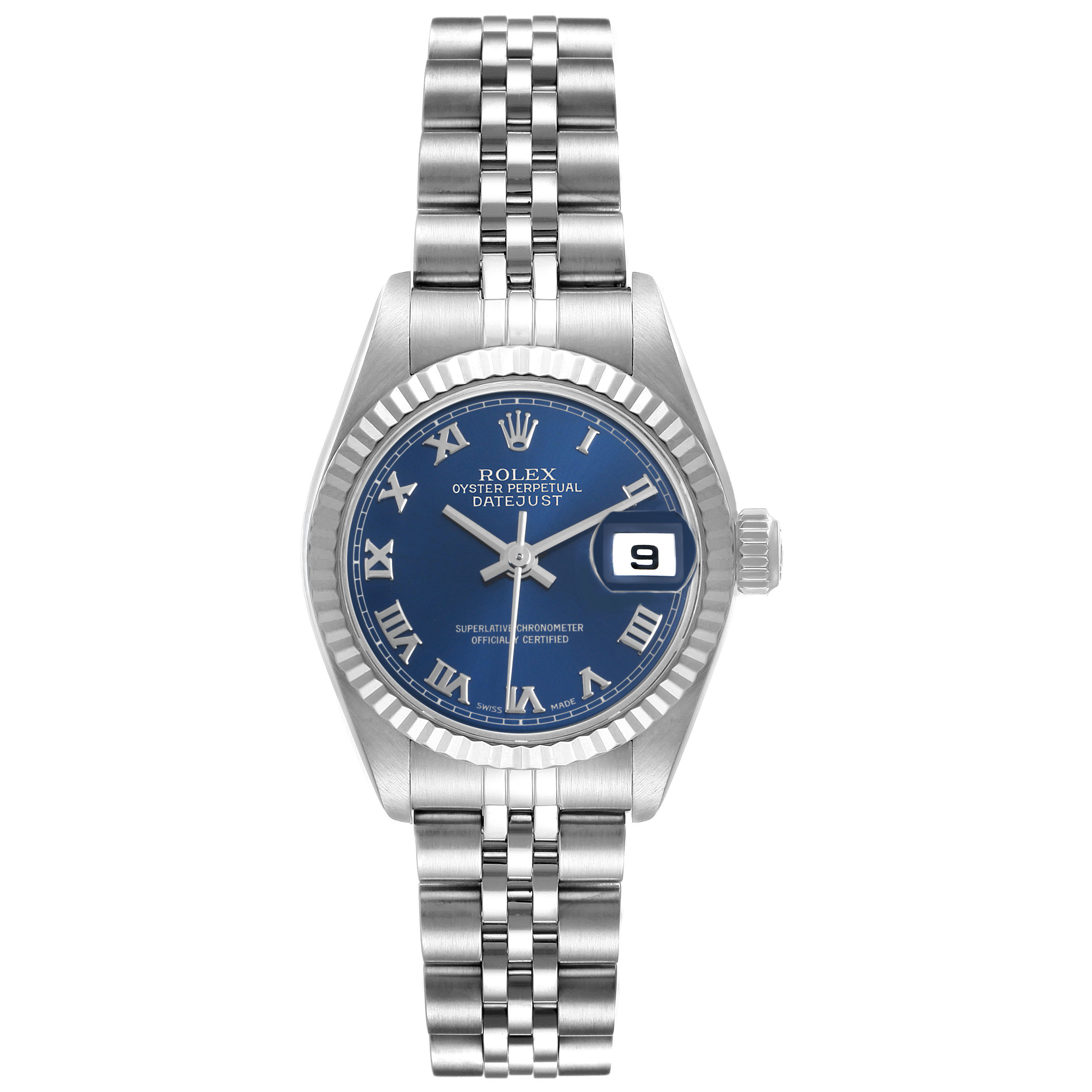 The Rolex Datejust 79174 Women's Stainless Steel Blue Dial watch is shown from a front angle, highlighting the dial, bezel, and bracelet.