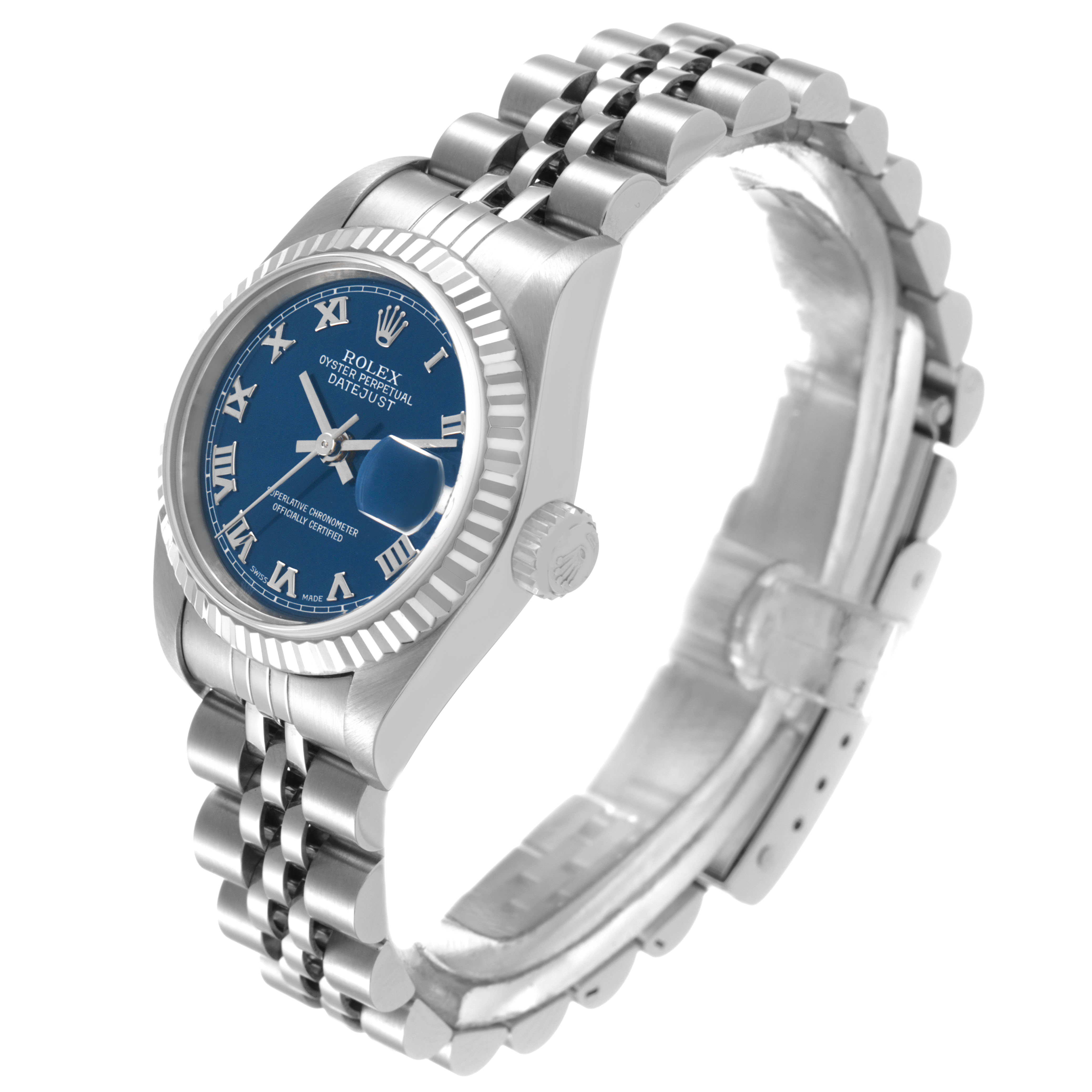 The Rolex Datejust 79174 Women's Stainless Steel Blue Dial watch is shown at an angled side view, highlighting the blue dial, fluted bezel, and Jubilee bracelet.
