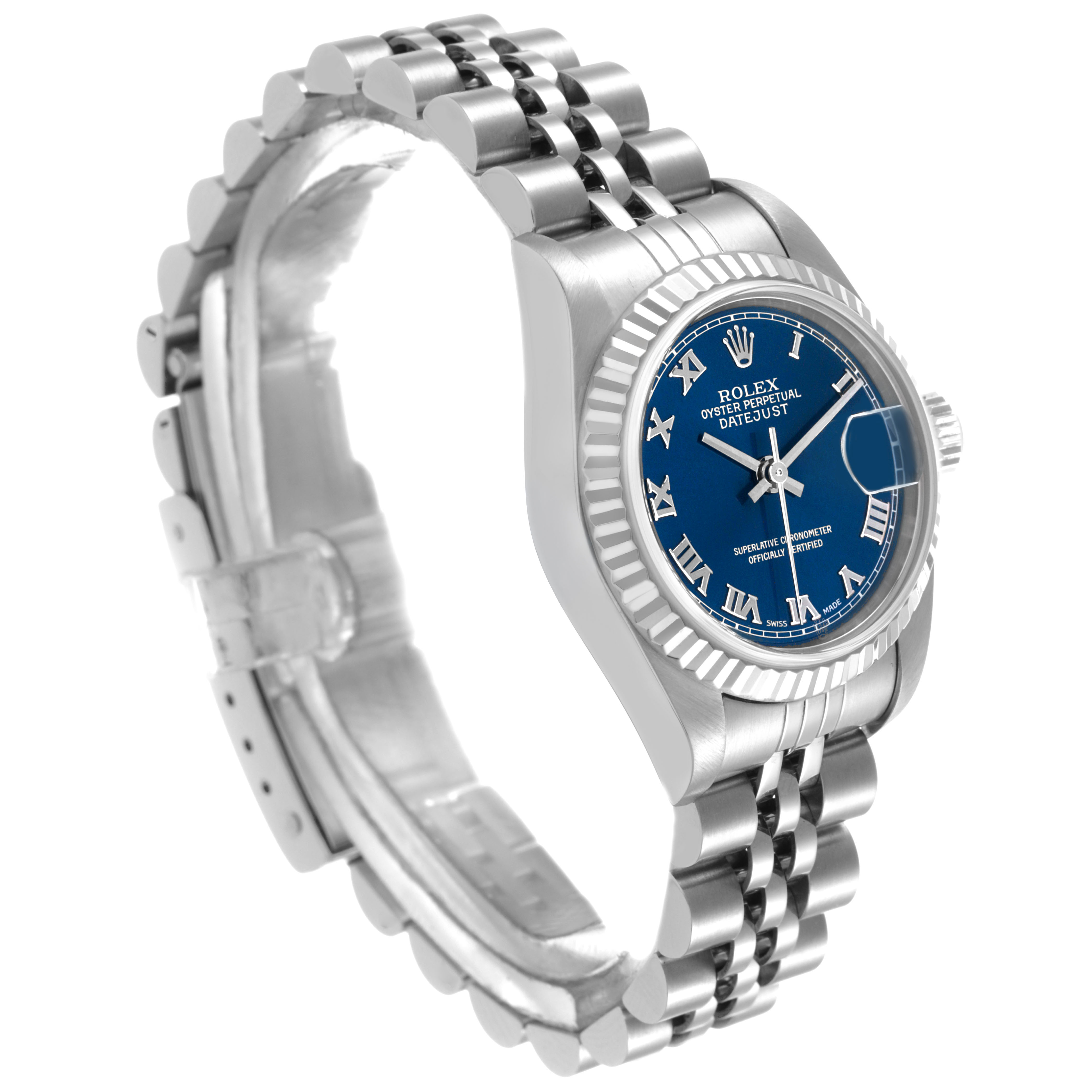 The Rolex Datejust 79174 Women's Stainless Steel Blue Dial watch is shown at a three-quarter angle, highlighting its blue dial, fluted bezel, and Jubilee bracelet.