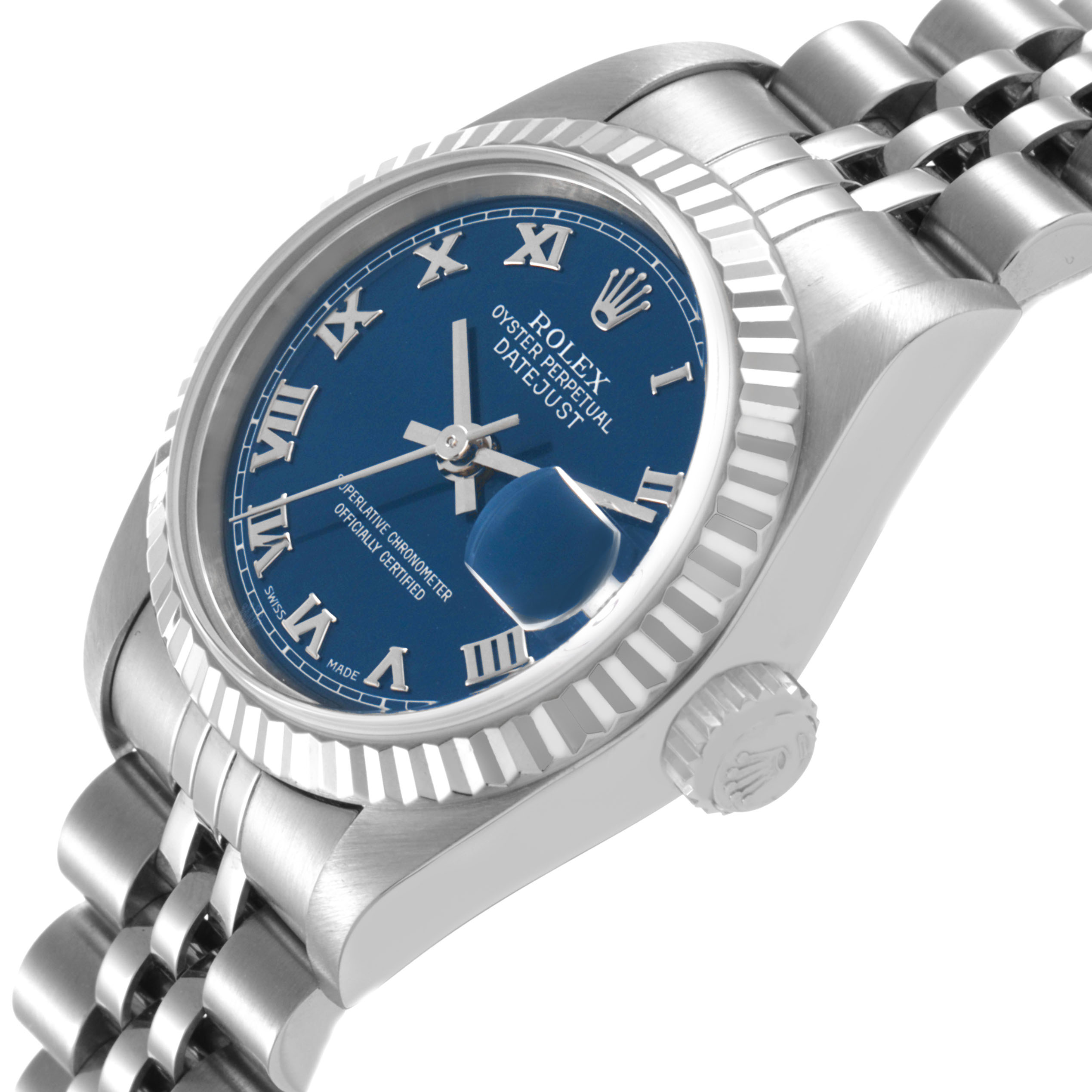 The Rolex Datejust 79174 Women's Stainless Steel Blue Dial watch is shown at a slight angle, highlighting its blue dial, Roman numerals, fluted bezel, and part of the Jubilee bracelet.