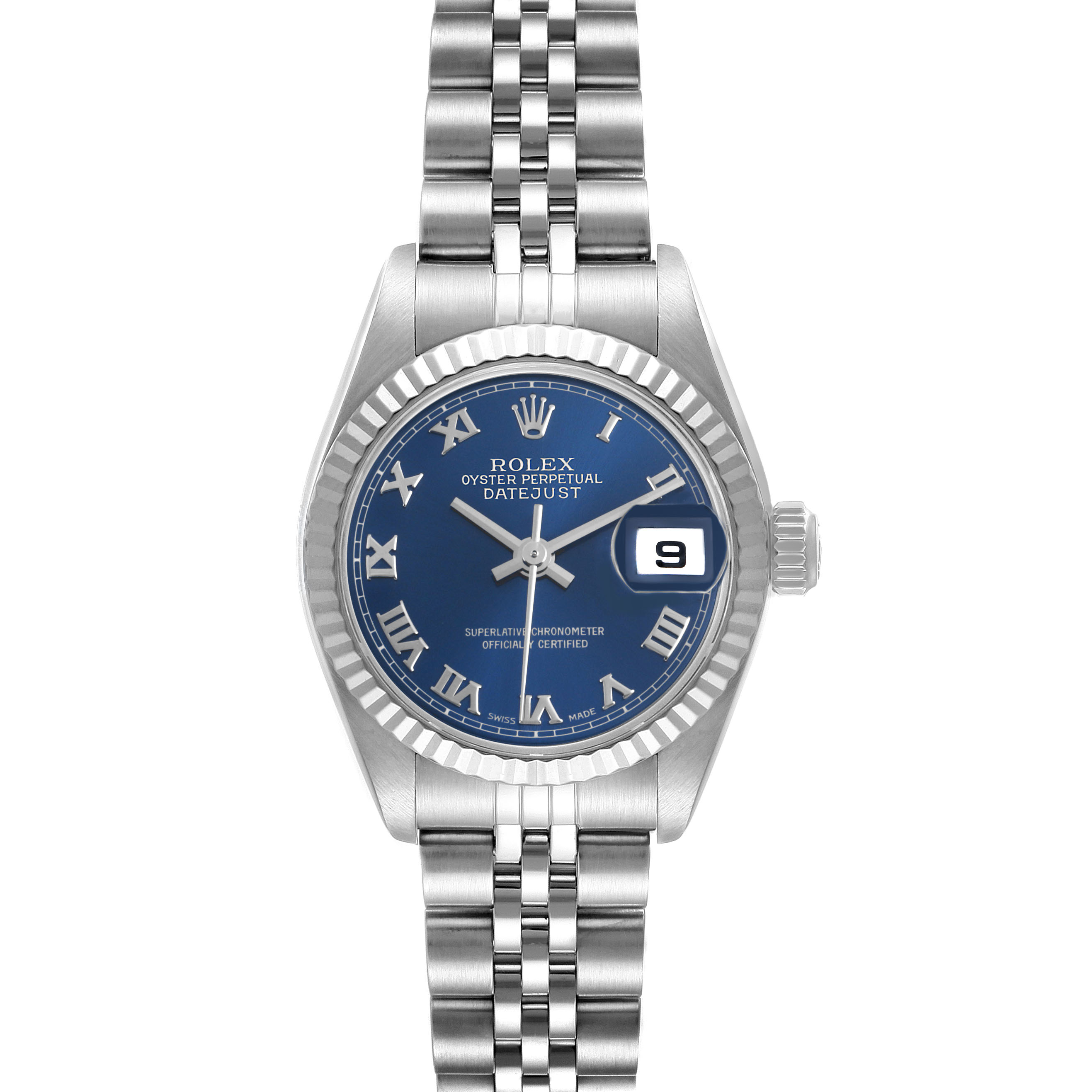This Rolex Datejust 79174 Women's Stainless Steel Blue Dial watch is shown from the front, highlighting the blue dial, Roman numerals, fluted bezel, and jubilee bracelet.