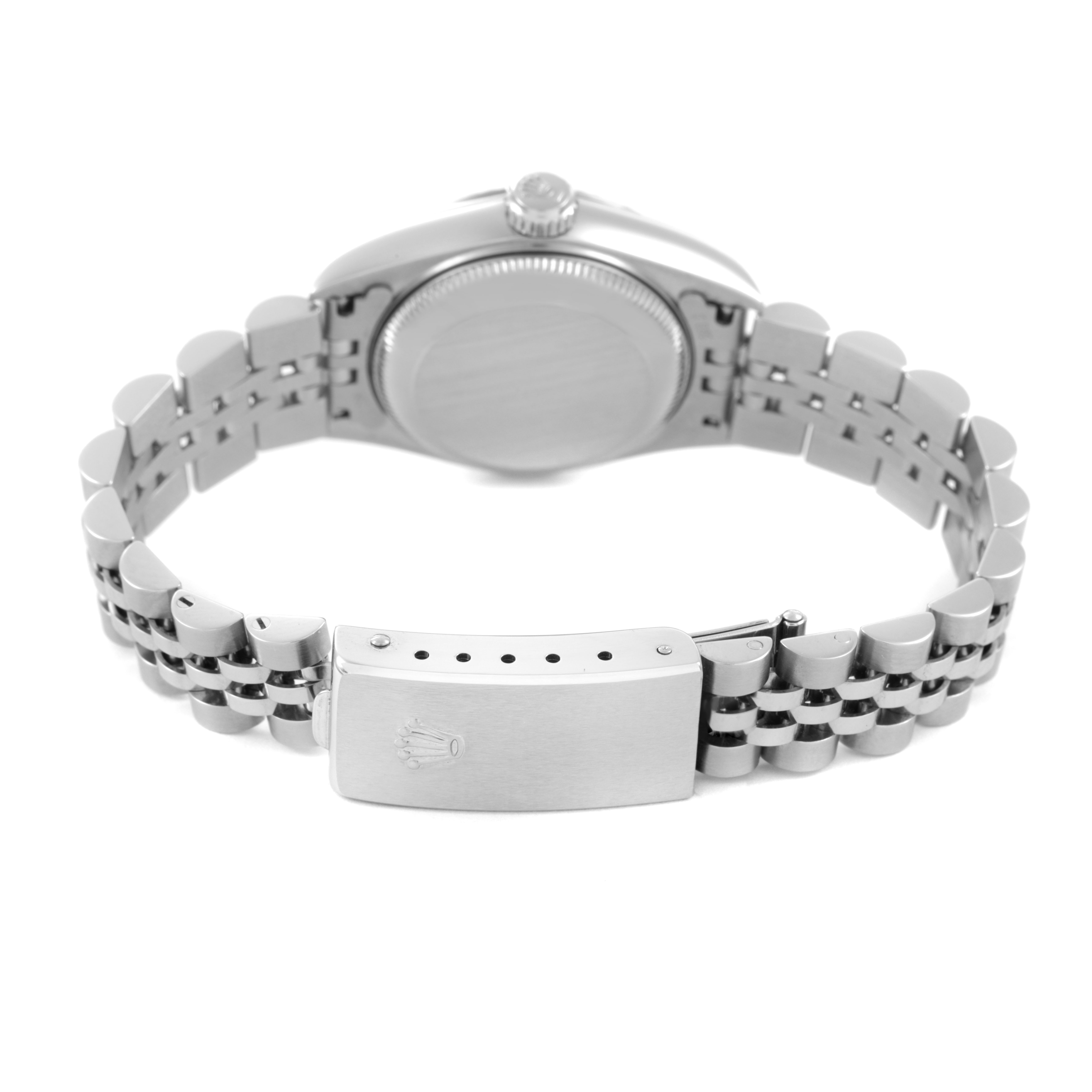 The image shows the back view of a Rolex Datejust 79174 Women's Stainless Steel Blue Dial watch highlighting the case, bracelet, and clasp.