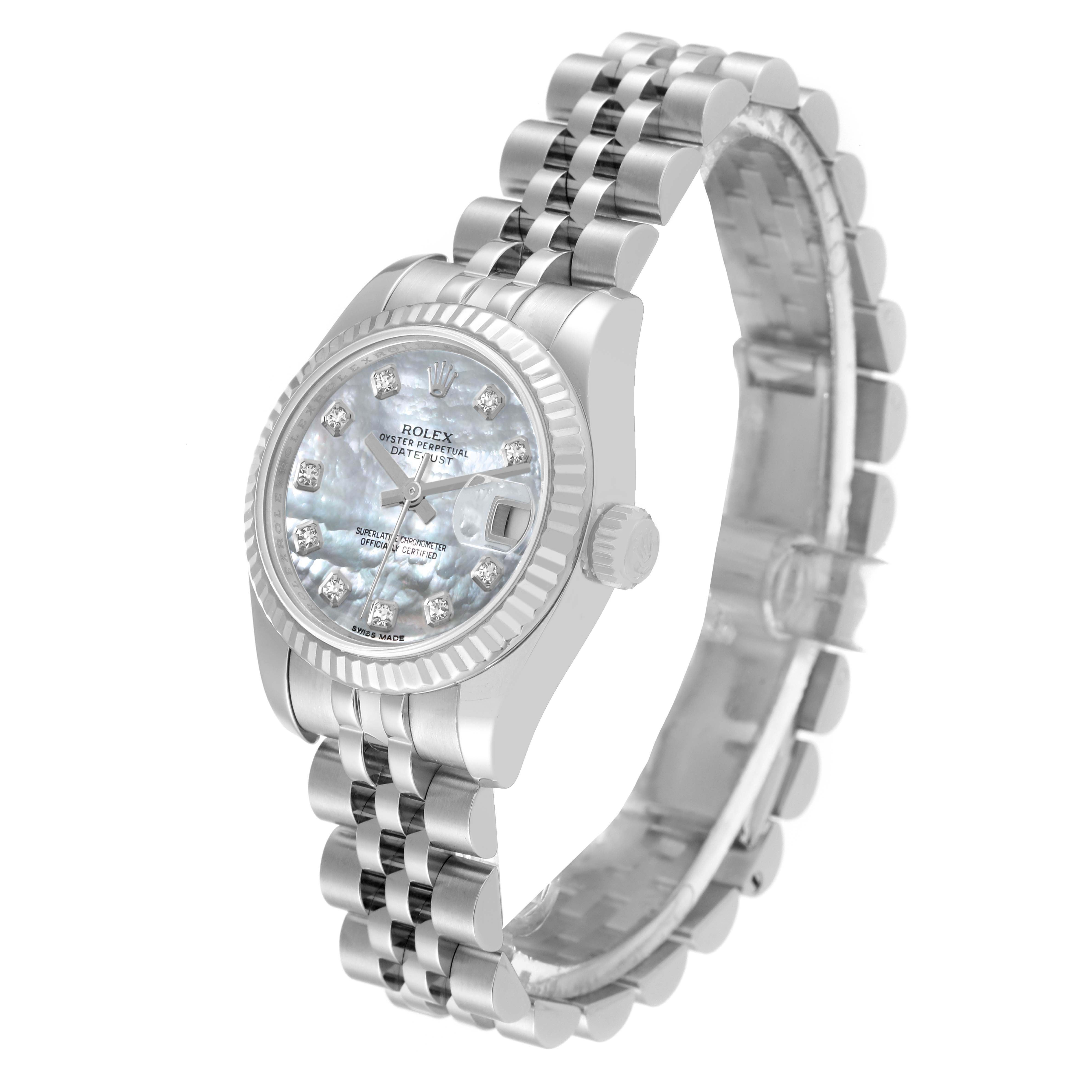 The Rolex Datejust 179174 Women's Stainless Steel Mother of Pearl Dial 179174 Women's Stainless Steel Mother of Pearl Dial is shown at a slight angle displaying its face, date window, and bracelet.