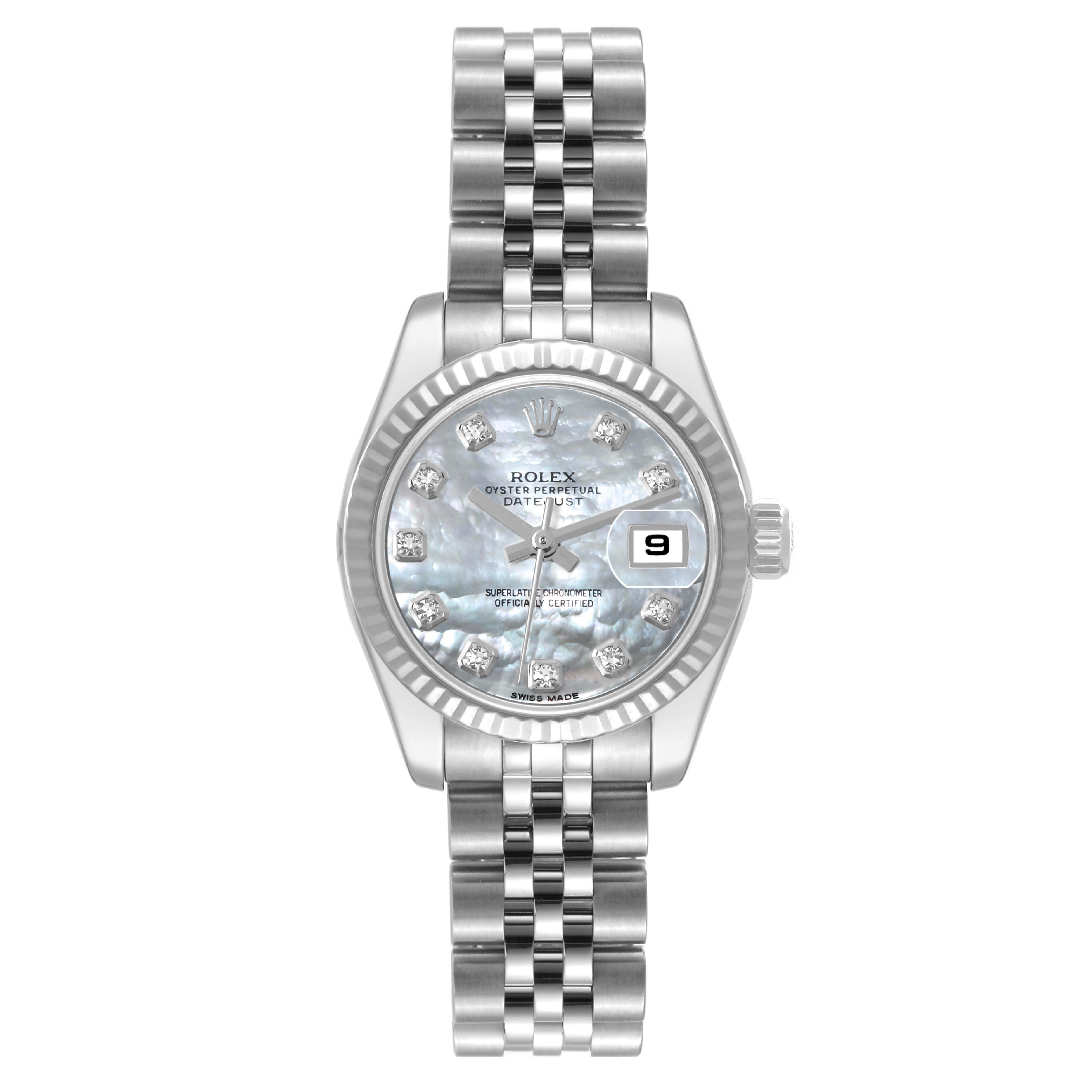 The image shows a Rolex Datejust 179174 Women's Stainless Steel Mother of Pearl Dial 179174 Women's Stainless Steel Mother of Pearl Dial watch from a front view, featuring the dial, bezel, and bracelet.