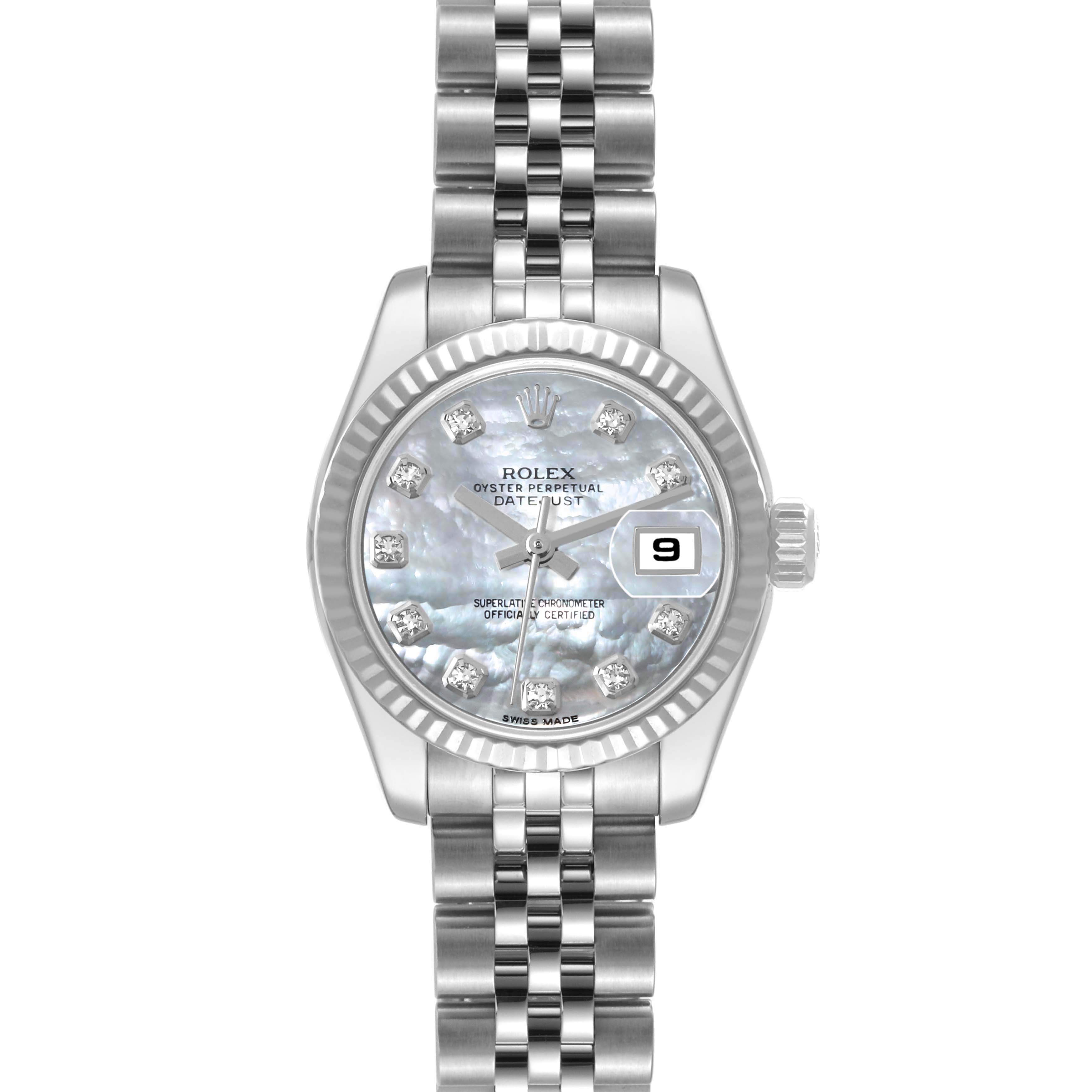 This image shows a frontal view of a Rolex Datejust 179174 Women's Stainless Steel Mother of Pearl Dial 179174 Women's Stainless Steel Mother of Pearl Dial watch, highlighting its face, bracelet, and bezel.