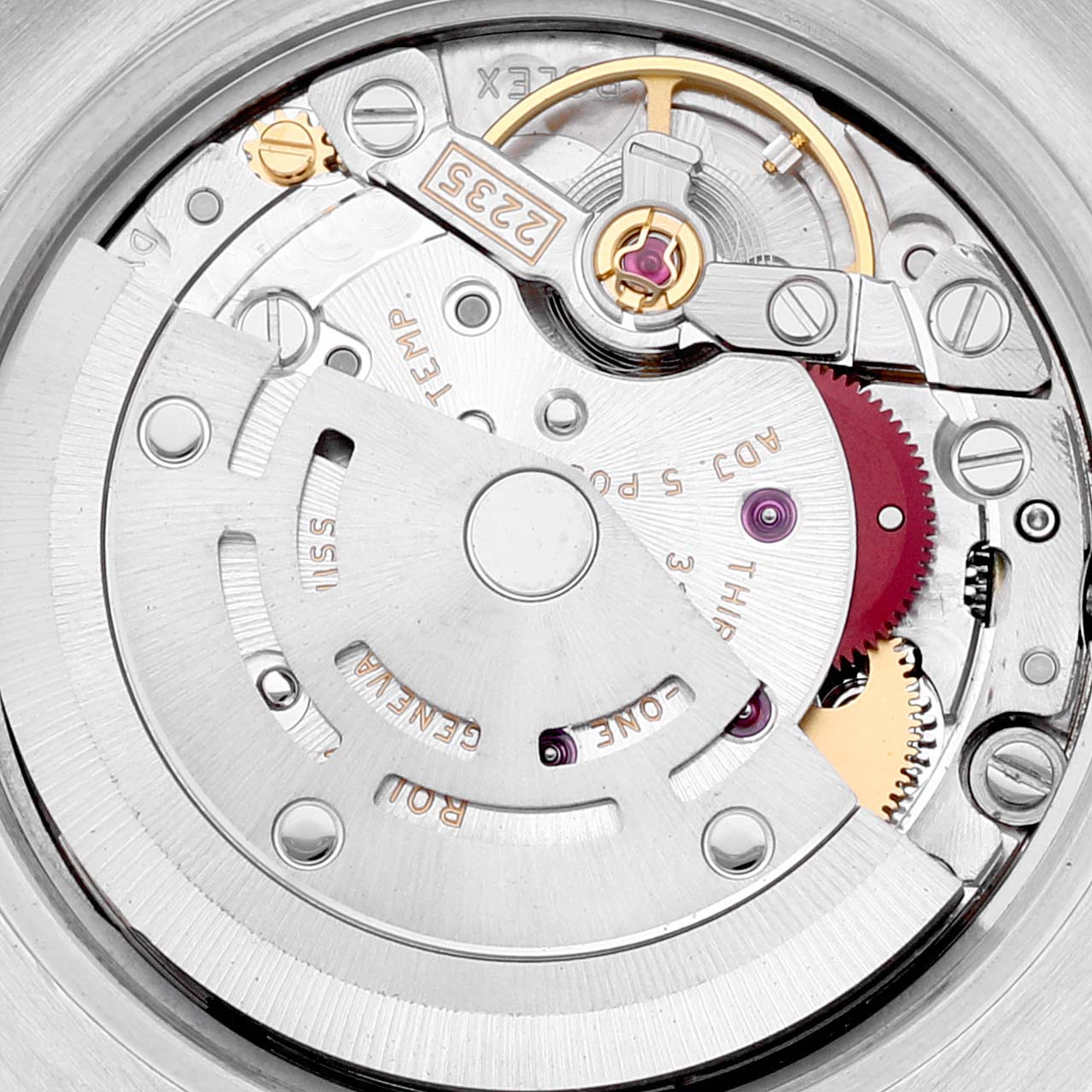 This image shows a close-up view of the internal mechanism of a Rolex Datejust 179174 Women's Stainless Steel Mother of Pearl Dial 179174 Women's Stainless Steel Mother of Pearl Dial watch, highlighting the movement parts.