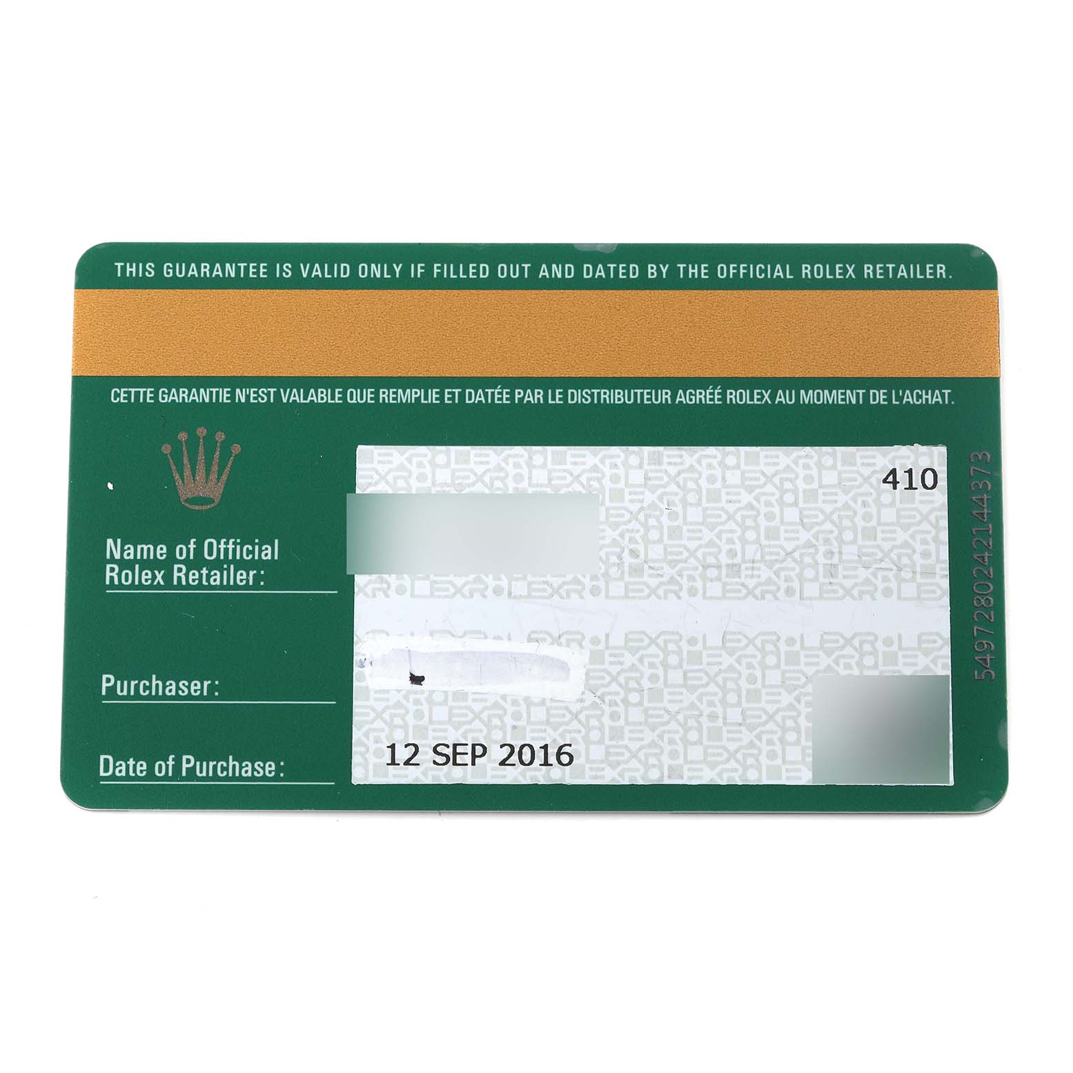 The image shows the guarantee card for a Rolex Datejust 179174 Women's Stainless Steel Mother of Pearl Dial 179174 Women's Stainless Steel Mother of Pearl Dial watch, featuring retailer information and the date of purchase.