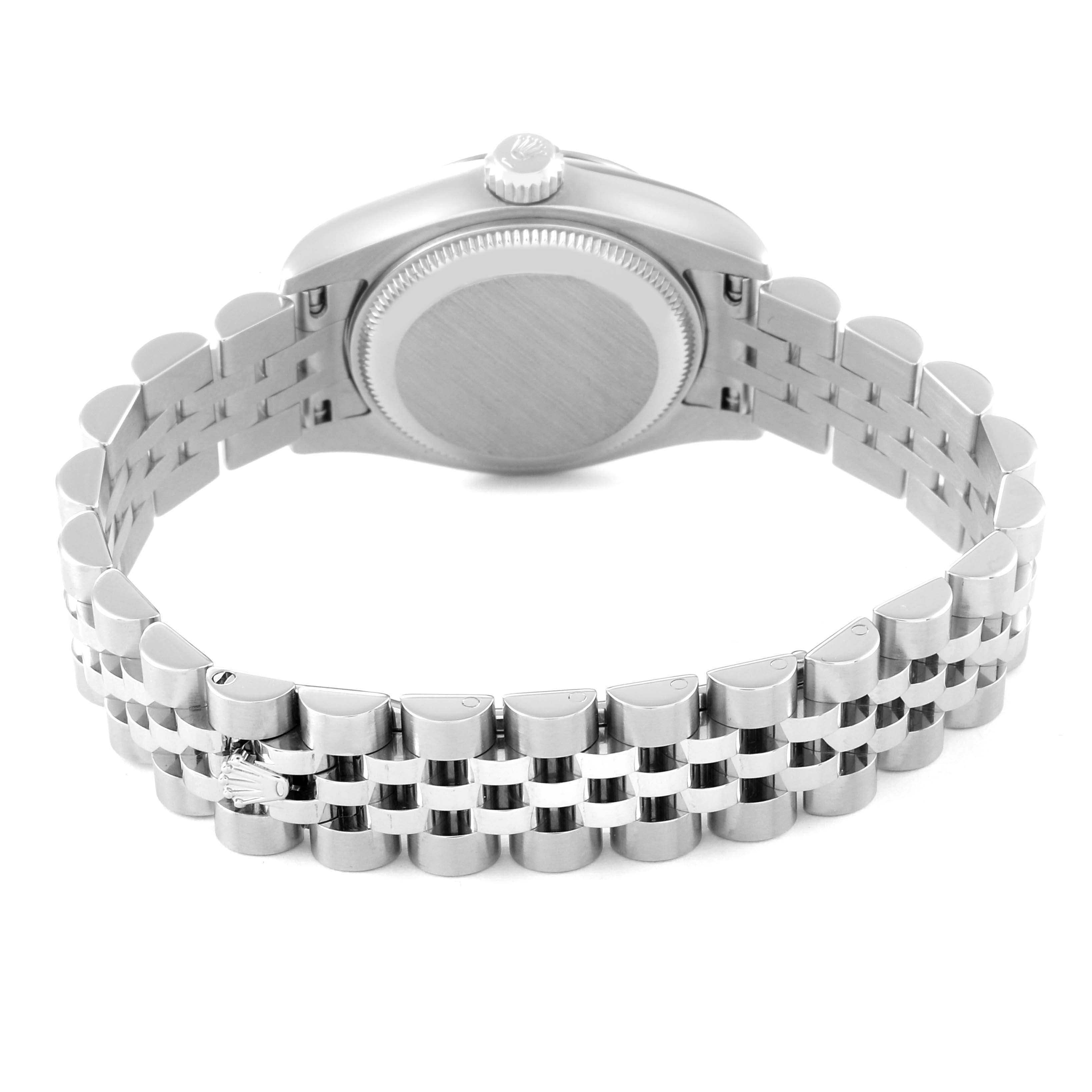 This image shows the back view of the case and the full bracelet of a Rolex Datejust 179174 Women's Stainless Steel Mother of Pearl Dial 179174 Women's Stainless Steel Mother of Pearl Dial watch.