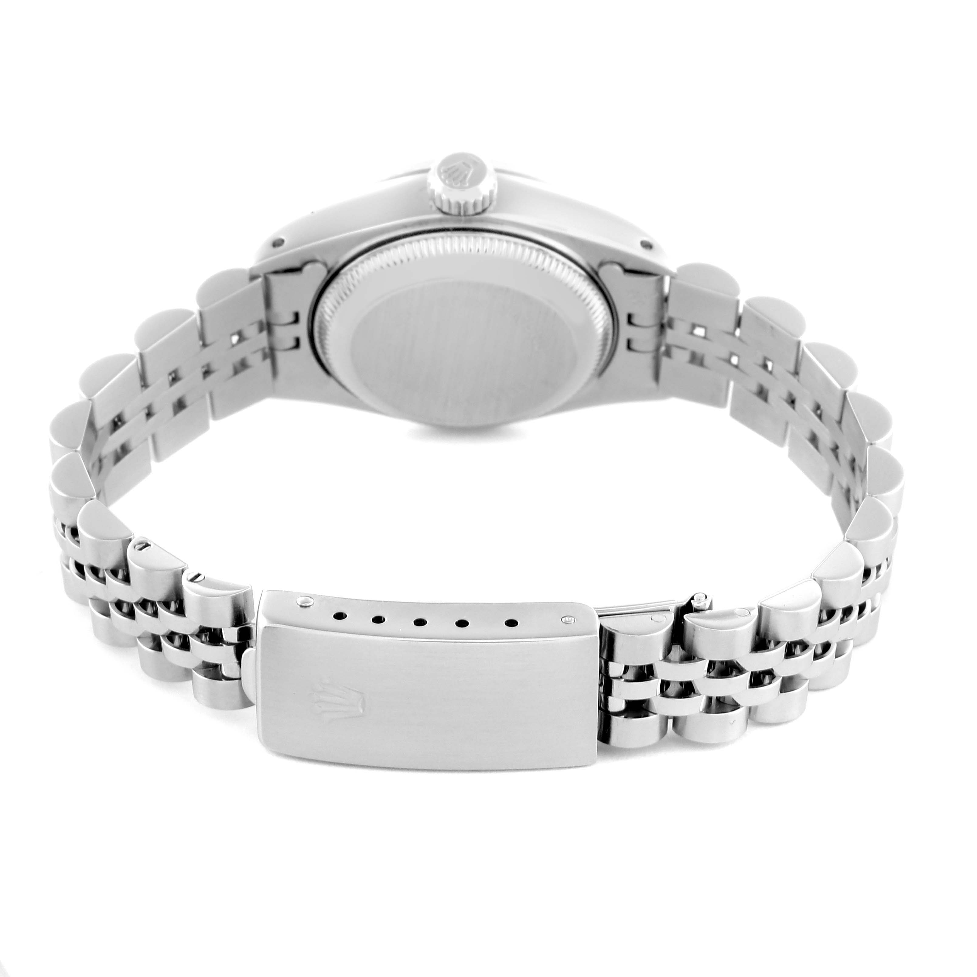 The image shows the back and clasp of a Rolex Datejust 69174 Women's Stainless Steel Silver Dial 69174 Women's Stainless Steel Silver Dial, focusing on the case back and bracelet.