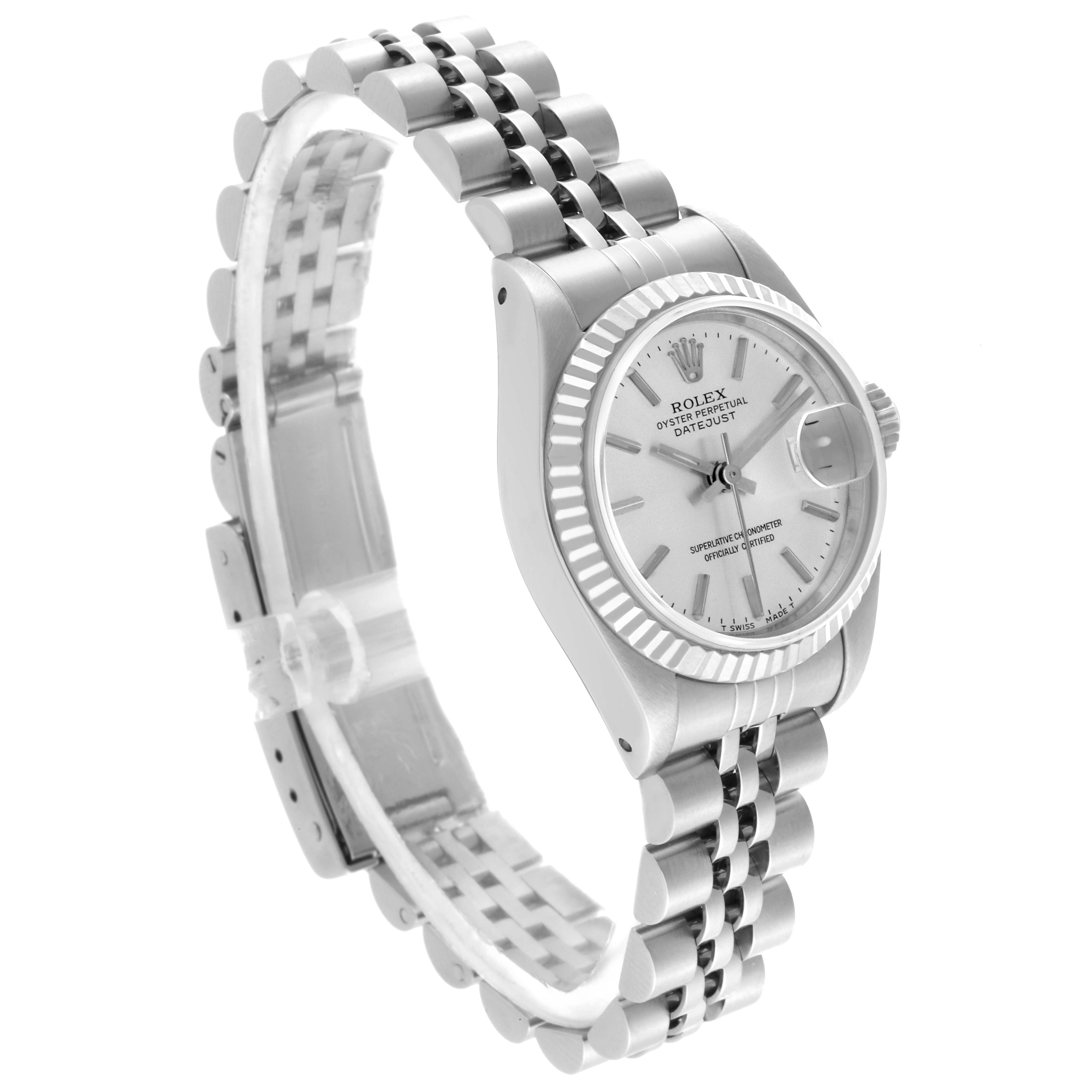 The Rolex Datejust 69174 Women's Stainless Steel Silver Dial 69174 Women's Stainless Steel Silver Dial watch is shown at a three-quarter angle, highlighting the watch face, fluted bezel, and jubilee bracelet.