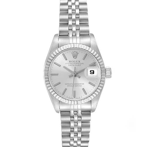 The image shows a Rolex Datejust watch from a straight-on angle, displaying the face, bezel, crown, and partial bracelet.