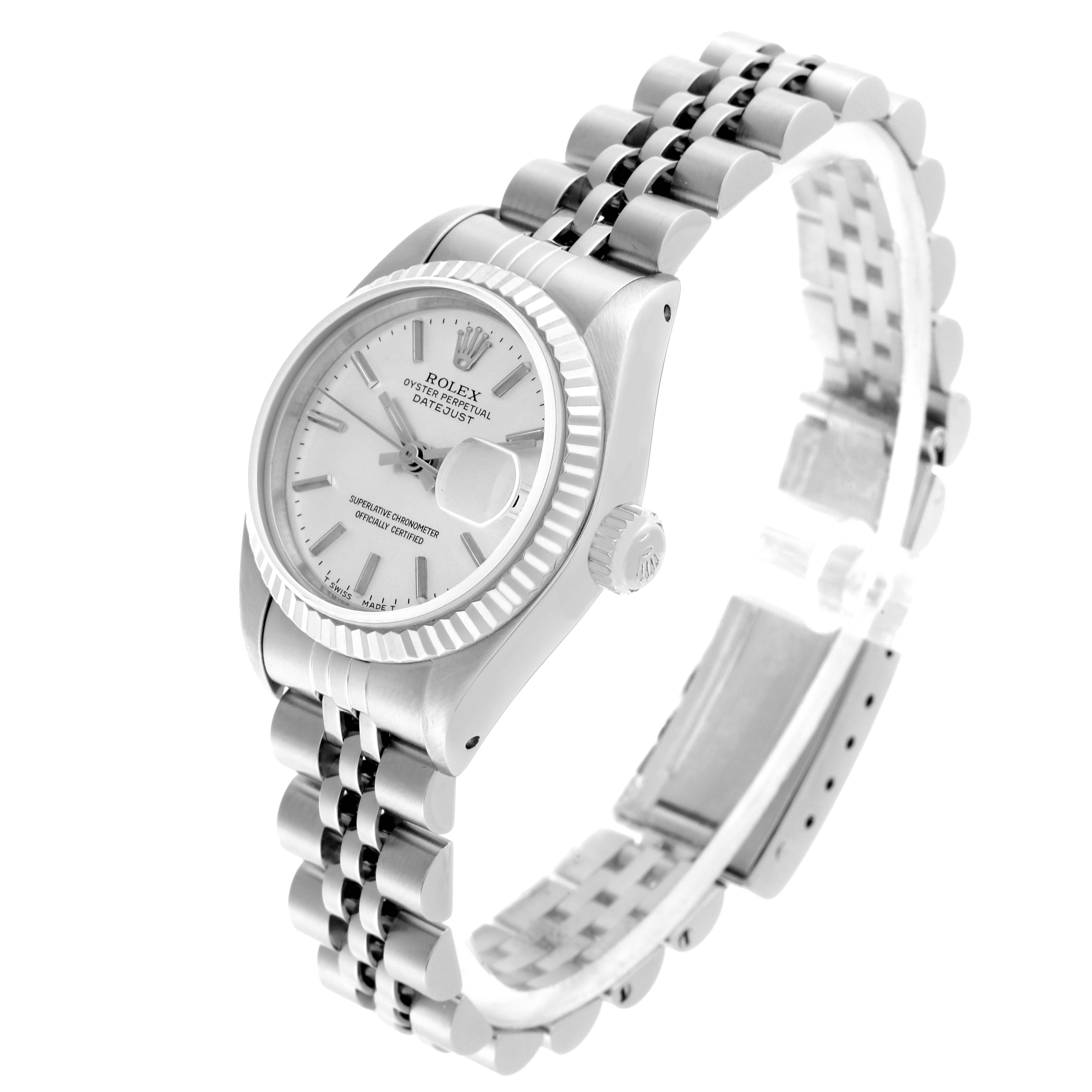 The Rolex Datejust 69174 Women's Stainless Steel Silver Dial 69174 Women's Stainless Steel Silver Dial watch is shown at an angled side view, highlighting the bracelet, bezel, and crown.