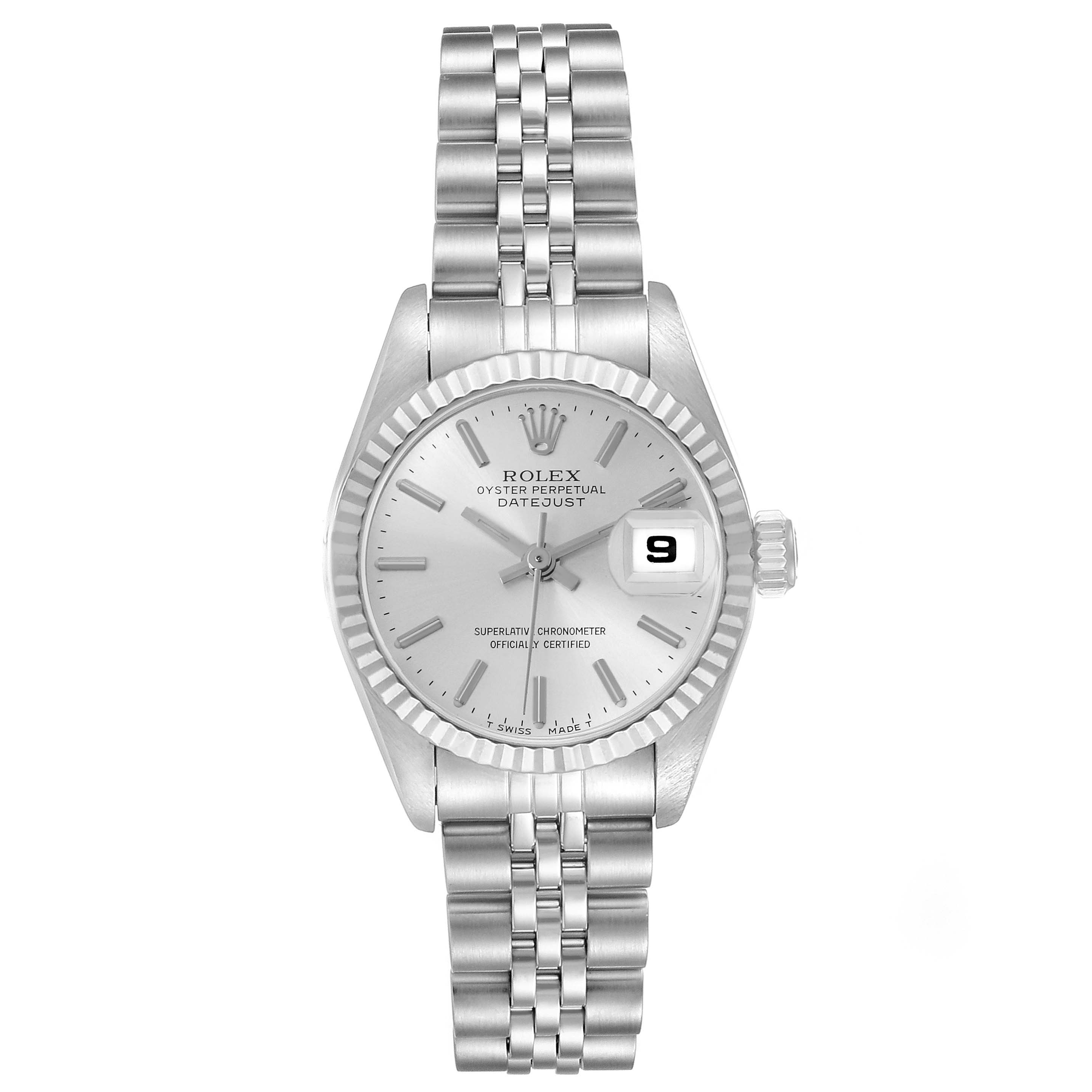 The image shows a Rolex Datejust 69174 Women's Stainless Steel Silver Dial 69174 Women's Stainless Steel Silver Dial watch from a front angle, highlighting the face, dial, bezel, and bracelet.