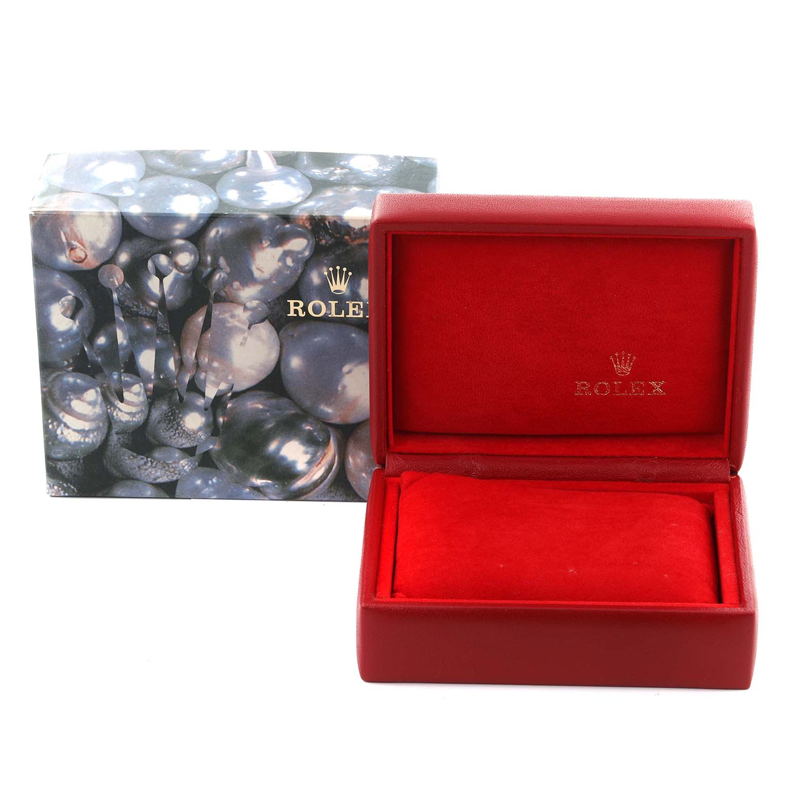 The image shows a Rolex Datejust 69174 Women's Stainless Steel Silver Dial 69174 Women's Stainless Steel Silver Dial watch box open, revealing a red interior and cushion, with the branded outer box behind.