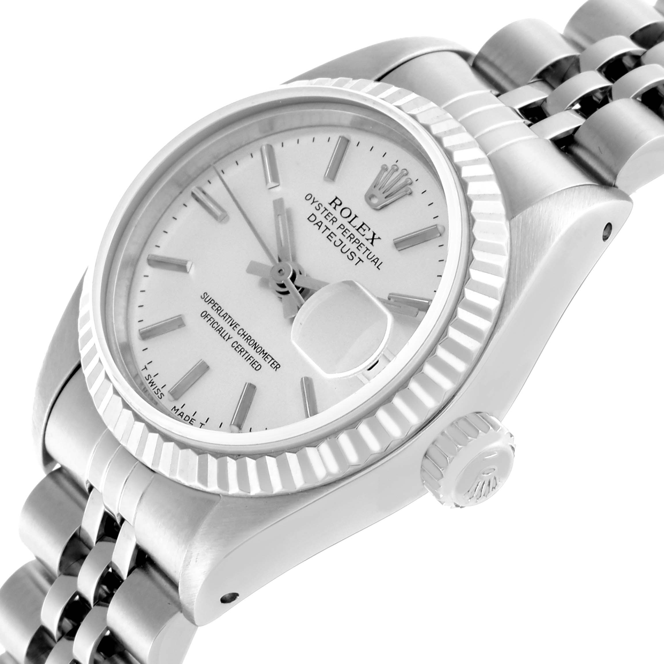 The Rolex Datejust 69174 Women's Stainless Steel Silver Dial 69174 Women's Stainless Steel Silver Dial is shown from a top angle, highlighting the dial, bezel, band, and crown.