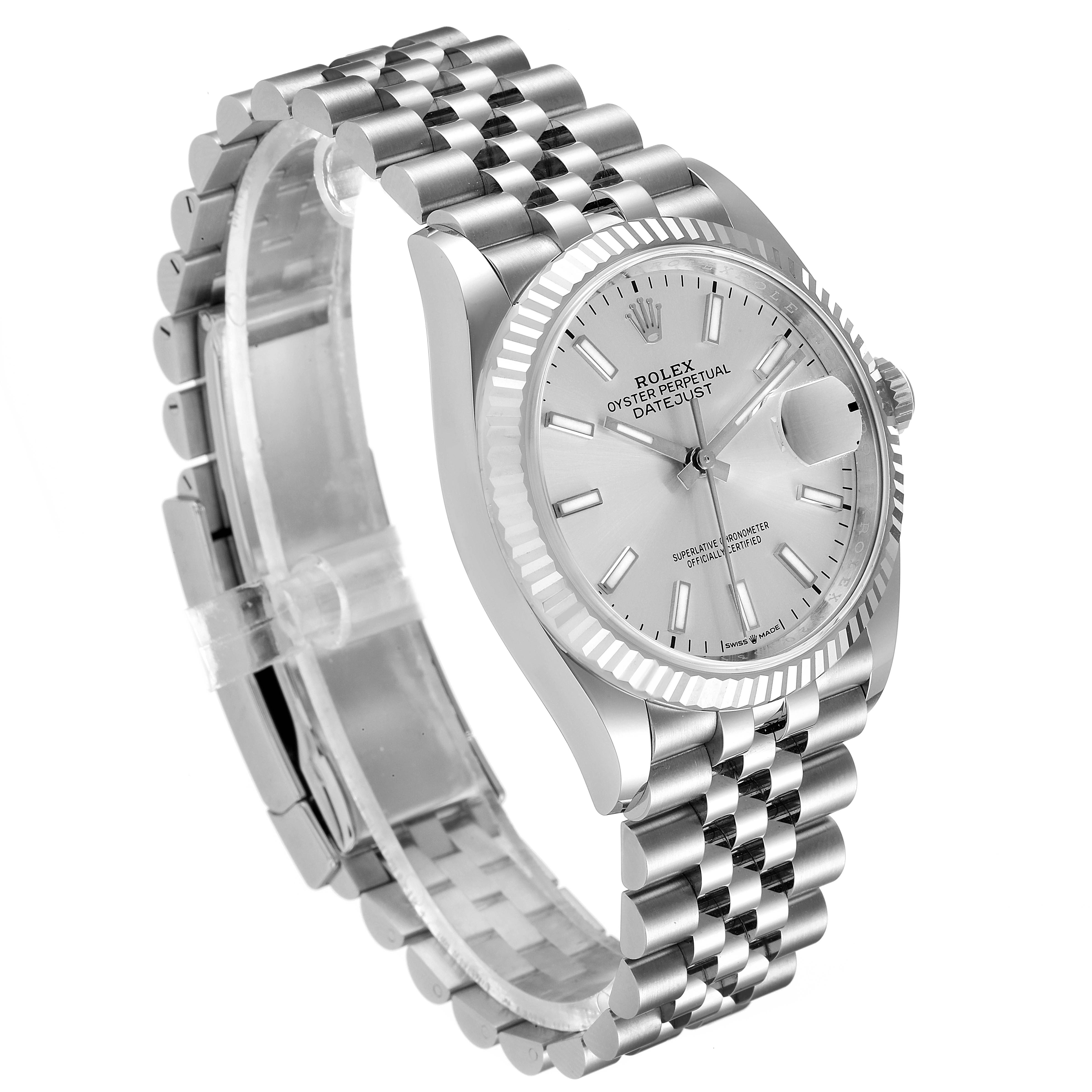 The image shows a front-left angled view of a Rolex Datejust 126234 Men's Stainless Steel Silver Dial 126234 Men's Stainless Steel Silver Dial watch, highlighting its dial, bezel, and Jubilee bracelet.