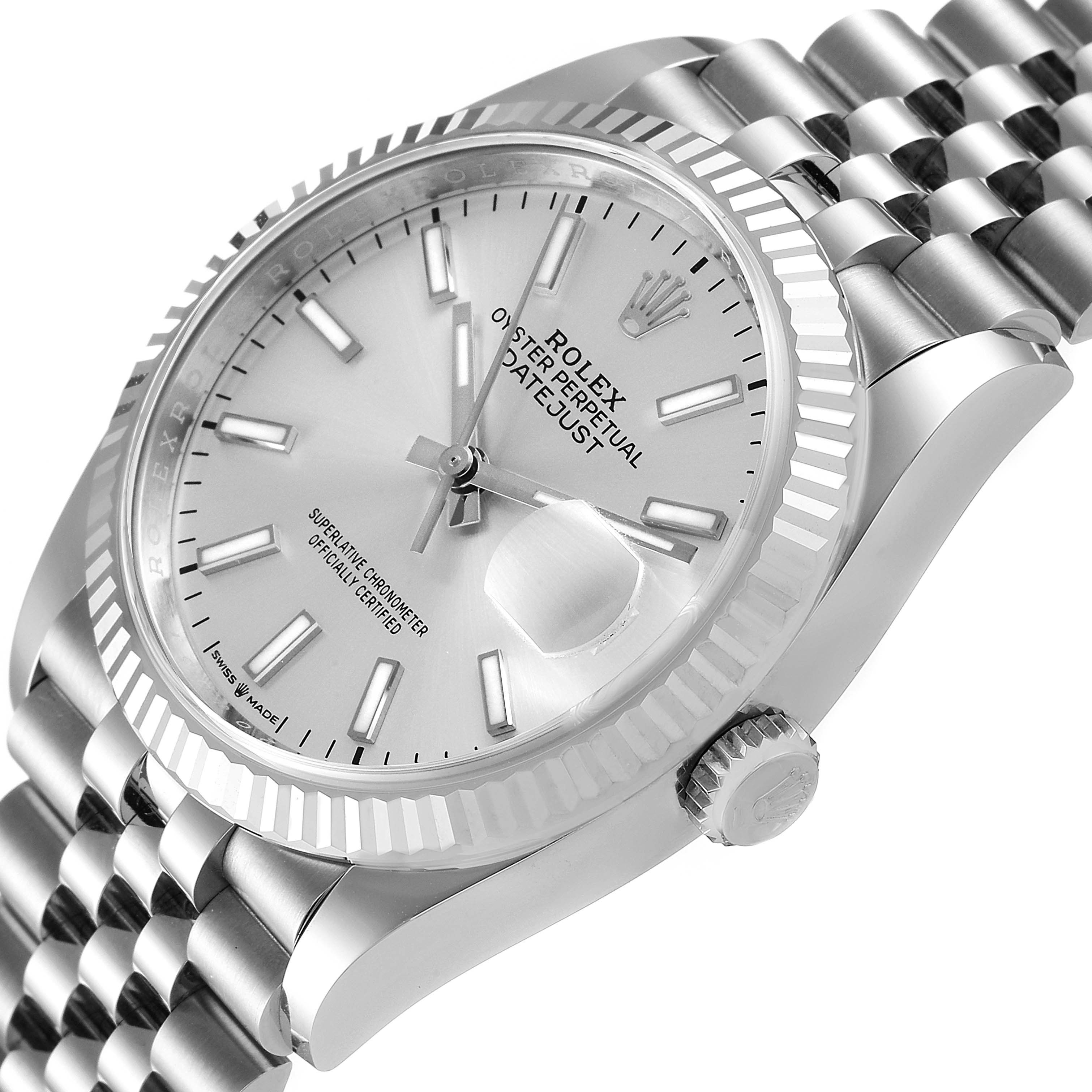The Rolex Datejust 126234 Men's Stainless Steel Silver Dial 126234 Men's Stainless Steel Silver Dial watch is shown from an angled side view, highlighting the dial, bezel, crown, and part of the bracelet.