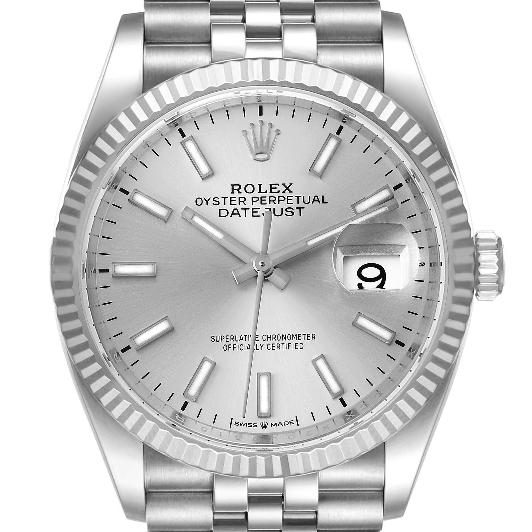 The image shows a front view of the Rolex Datejust 126234 Men's Stainless Steel Silver Dial 126234 Men's Stainless Steel Silver Dial watch, highlighting the dial, bezel, and part of the bracelet.