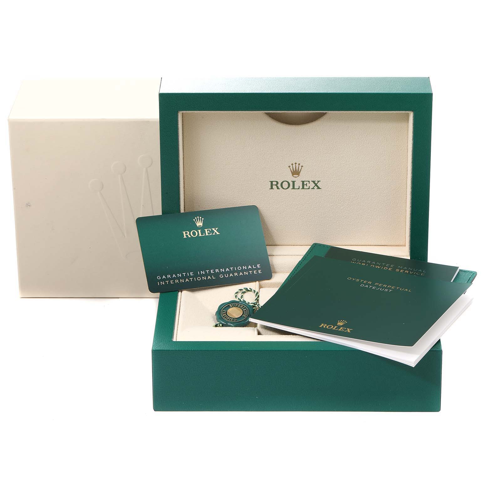 The image shows the accessories of a Rolex Datejust 126234 Men's Stainless Steel Silver Dial 126234 Men's Stainless Steel Silver Dial watch, including the box, warranty card, tag, and instruction manuals.